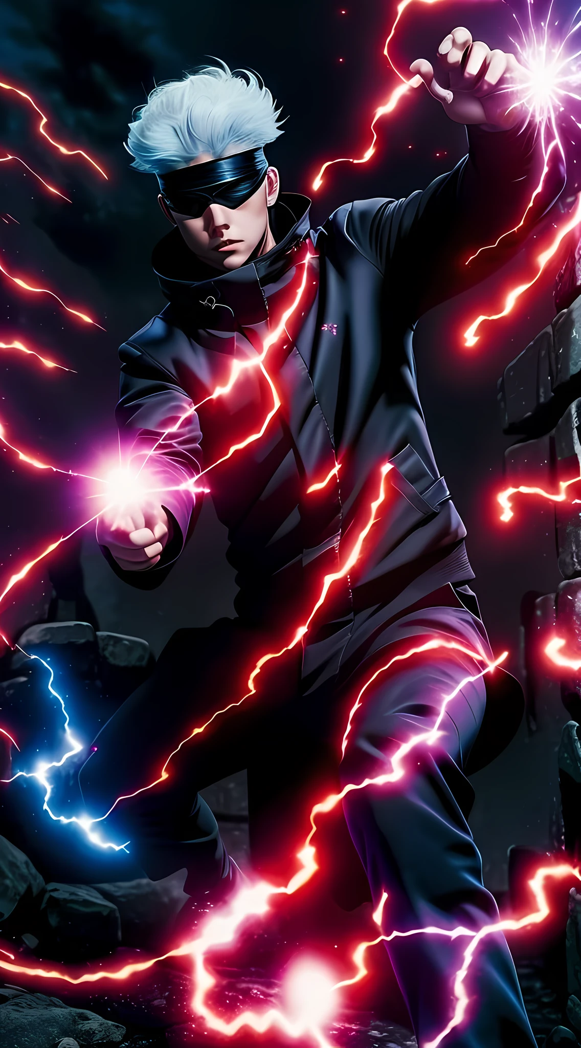best quality, masterpiece, highres, 1boy, male, solo, upper body, blindfold, black jacket, using his powers, white hair, full body, sending a ball of red and blue energy, (perfect anatomy).