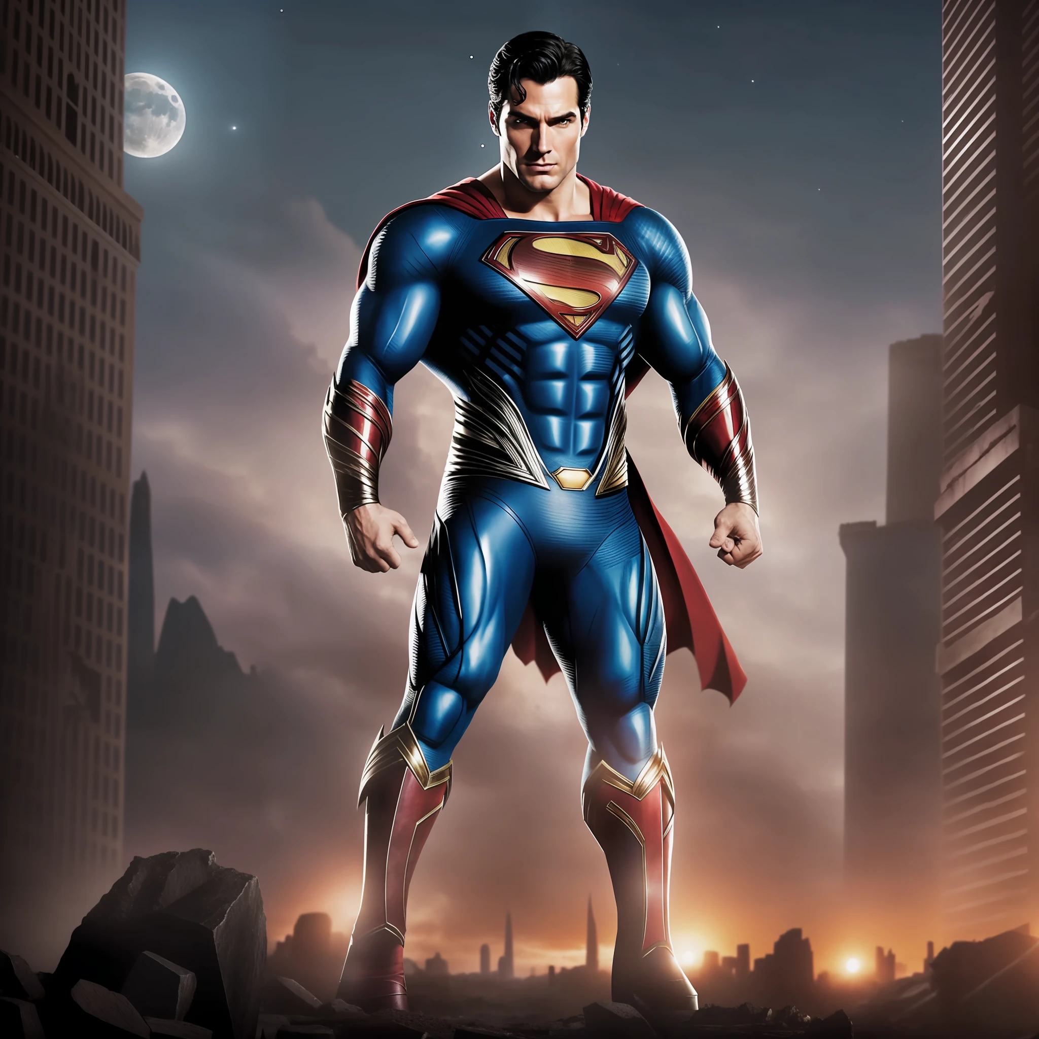 Superman from man of Steel stands imposing in a abandoned haunted lost city. Moonlight highlights your muscles and scars. The scenery is lush and mysterious, with dark city and surroundings. The camera details everything, a warrior woman, in front of him.