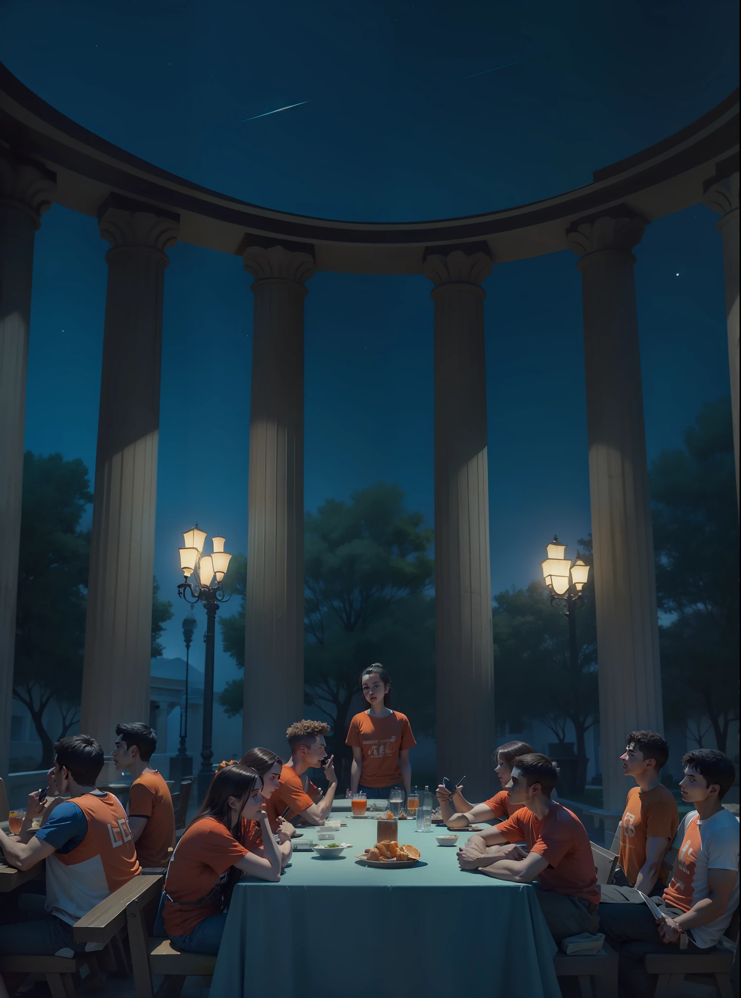 4k, realistic, very detailed, refectory with Greek columns around. In the center, there is a table where several teenagers are sitting. They have orange T-shirt