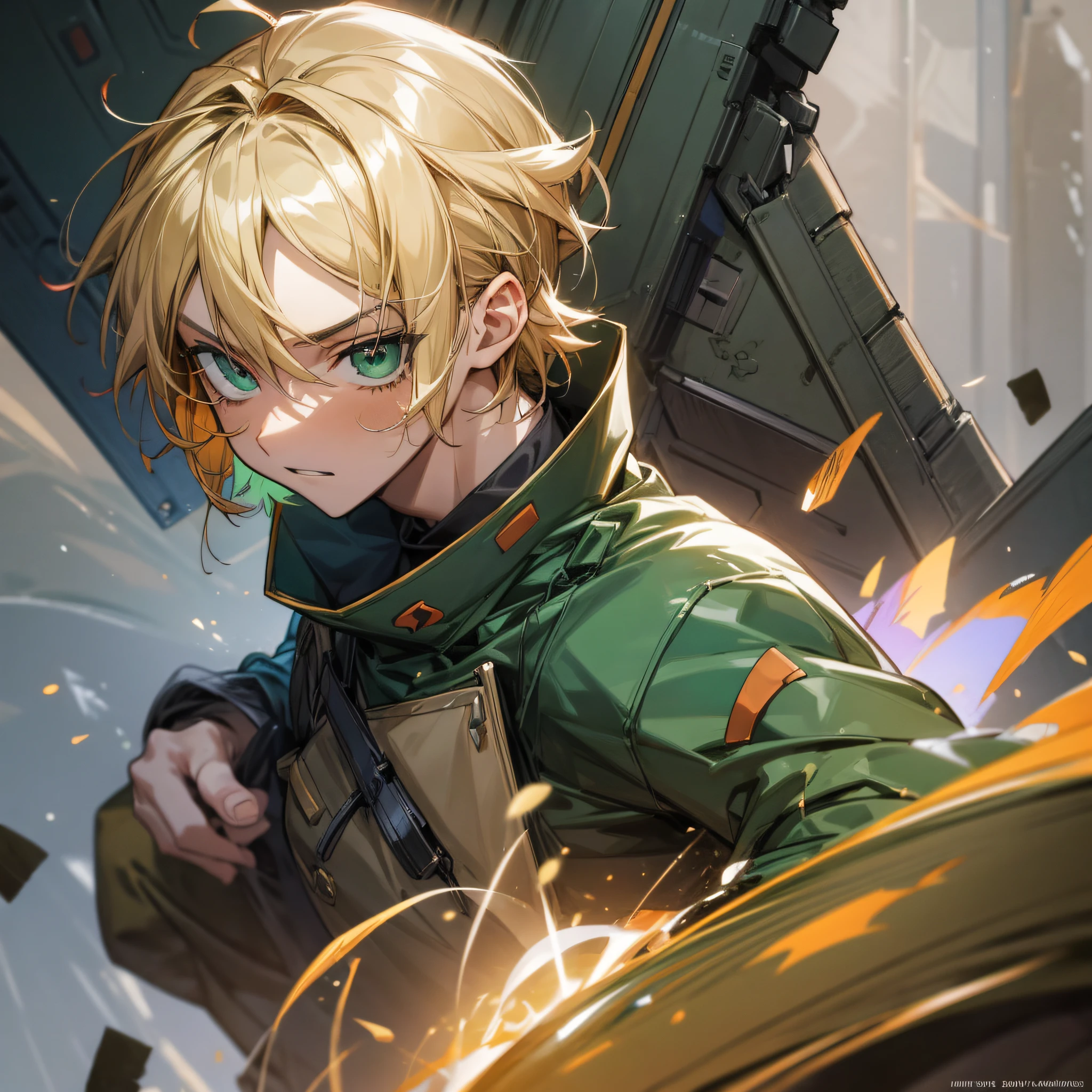 1male soldier, this in a war, blonde and brown hair, medium hair, green eyes, multicolored eyes, expressionless, masterpiece, best quality, high quality, warm colors, epic pose, terror, fear, sanque, tangues de querra, detailed full escenario, anatomically correct complete body, professional light novel illustration, 2d anime style --auto --s2