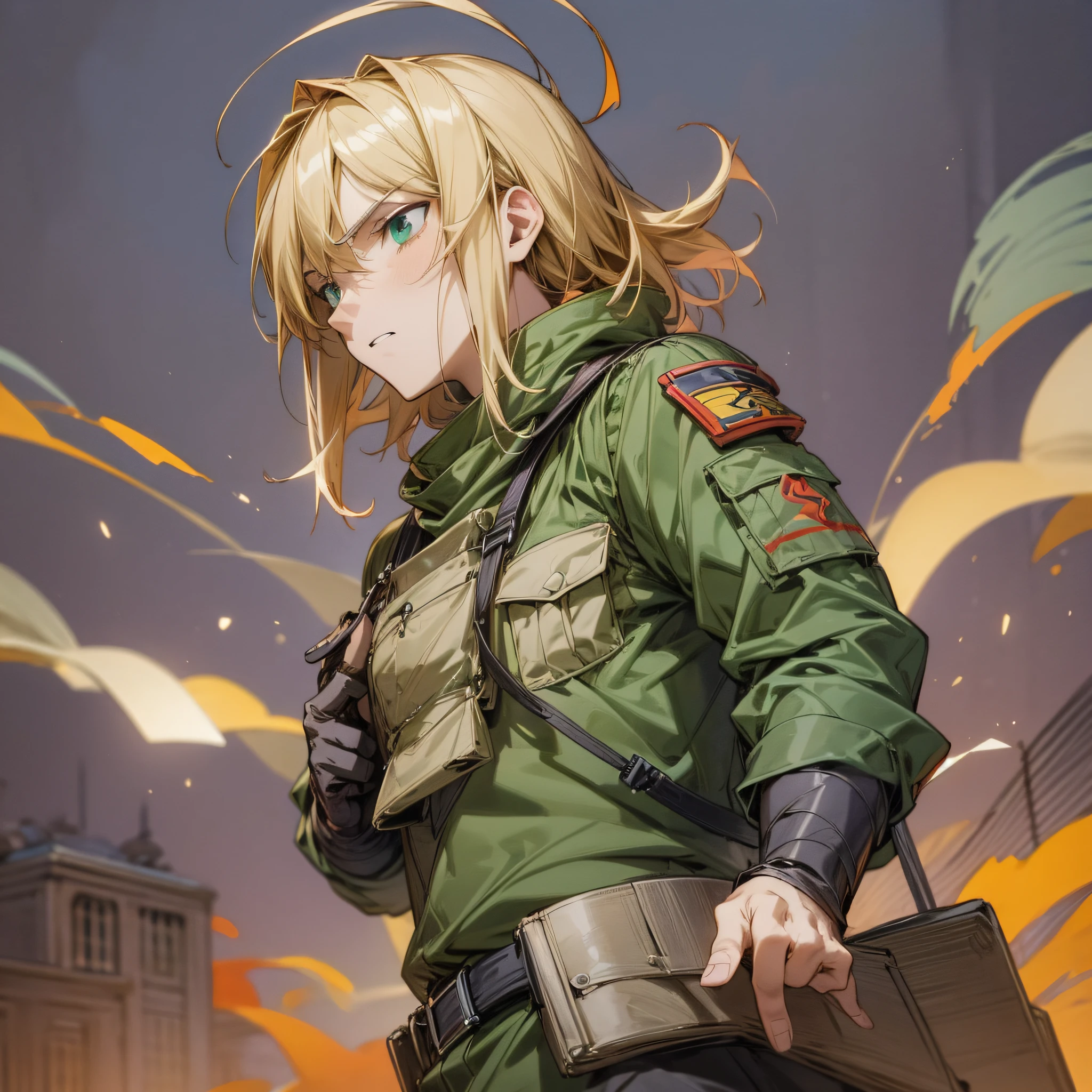 1male soldier, this in a war, blonde and brown hair, medium hair, green eyes, multicolored eyes, expressionless, masterpiece, best quality, high quality, warm colors, epic pose, terror, fear, sanque, tangues de querra, detailed full escenario, anatomically correct complete body, professional light novel illustration, 2d anime style --auto --s2