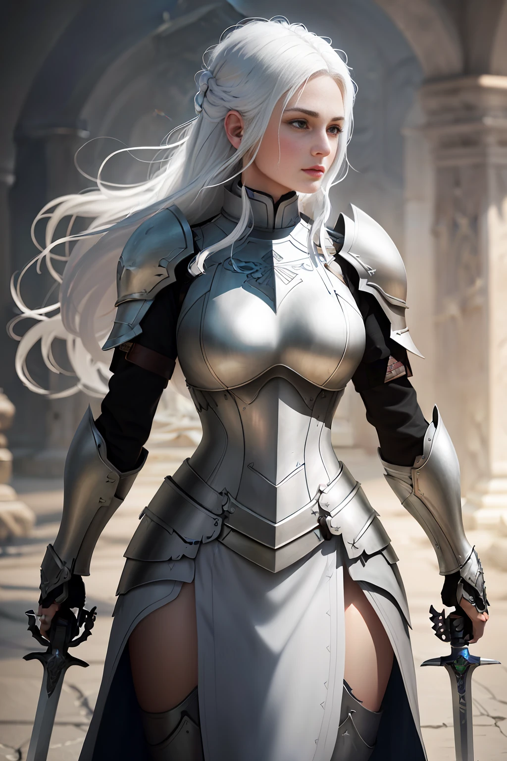 A woman in her 20s, perfect face, white hair, wearing armor, with a sword on her back, ultra realistic 4k, award-winning digital art, (extremely detailed: 1.5), (soft lighting:1.2)