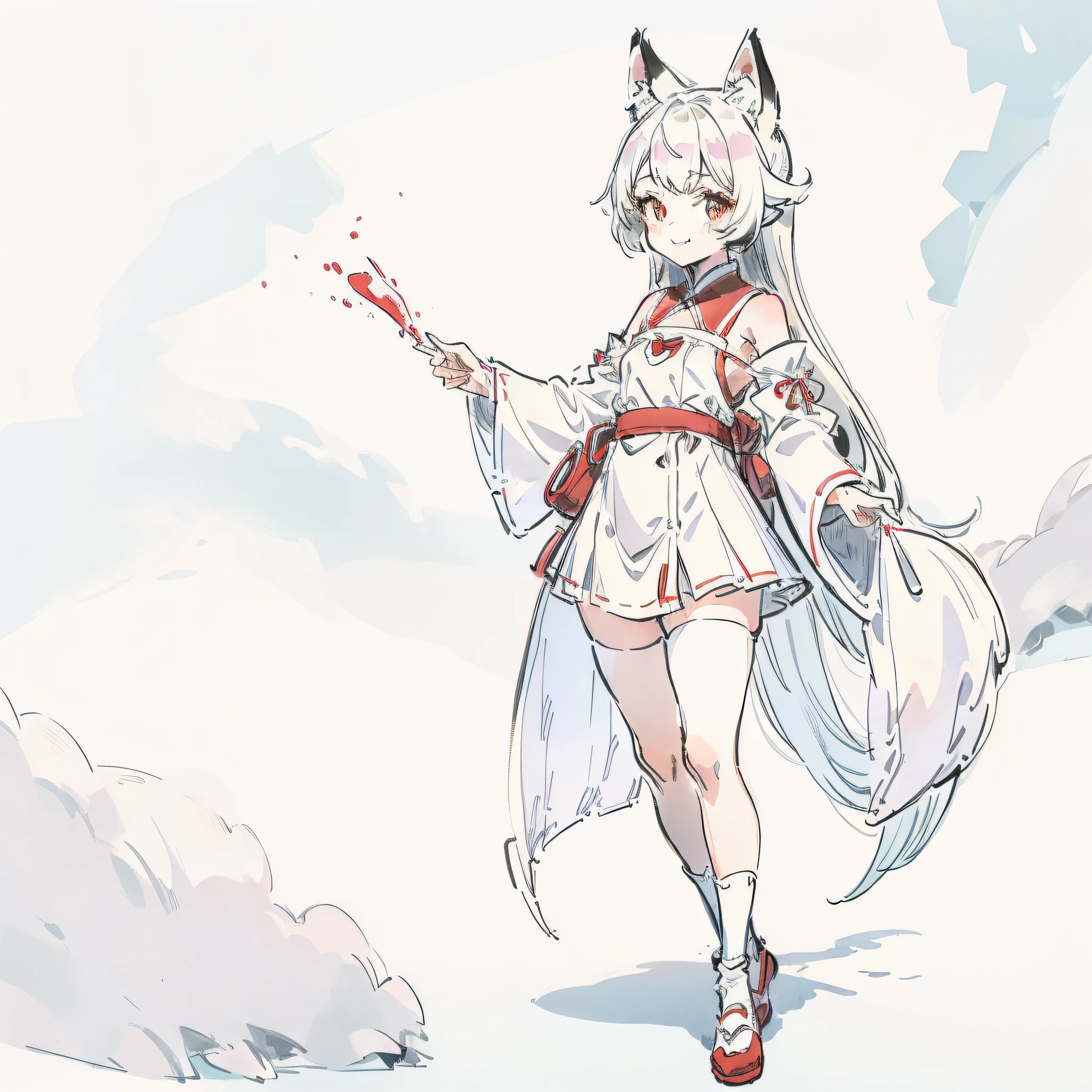 (cute: 1.5), (cute: 1.2) girls wearing white dresses and white knee-length socks, are loli (1.2), flat-chested, and wear white fox ears and foxtails (1.4), with a charming smile and a red face.