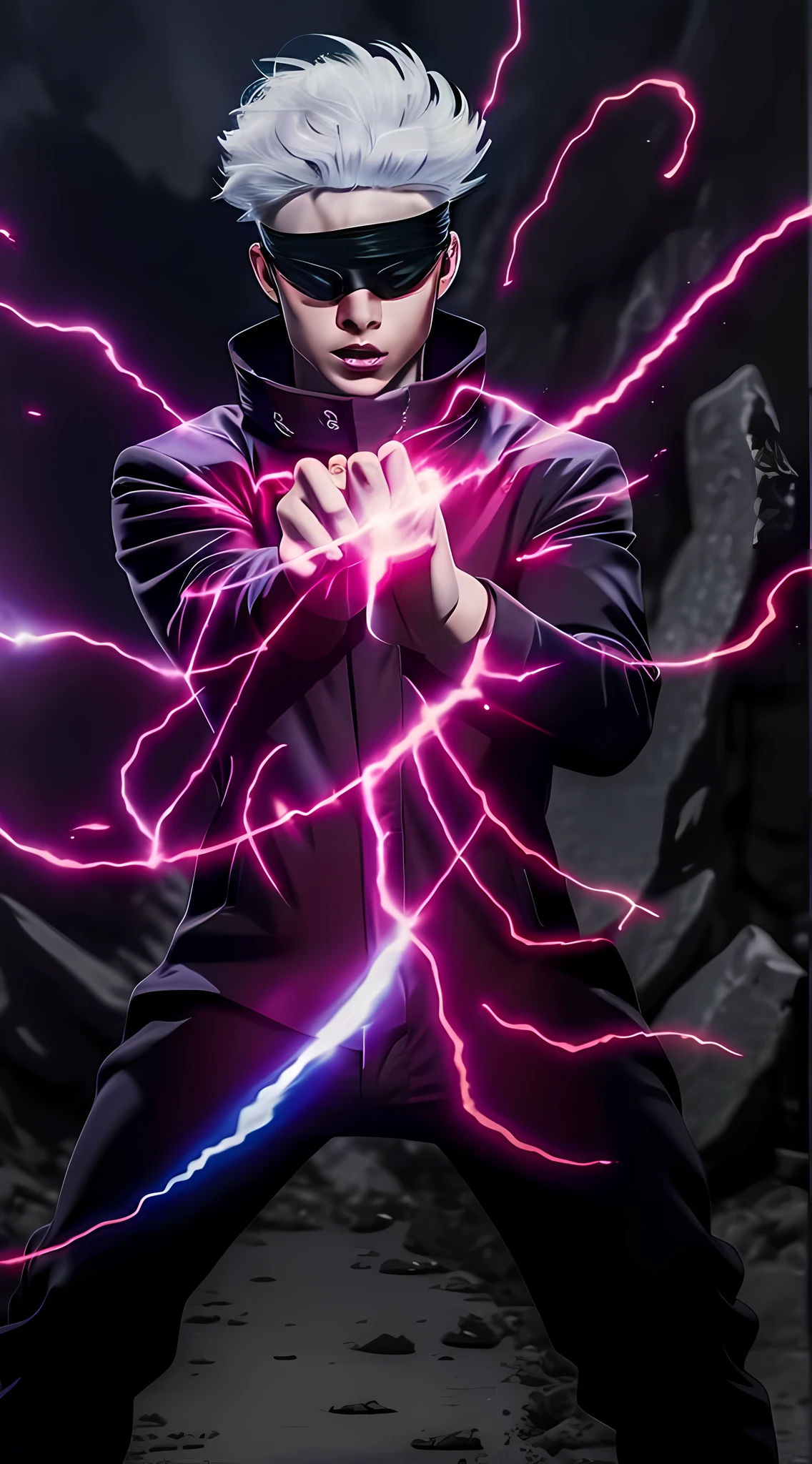 best quality, masterpiece, highres, 1boy, male, solo, upper body, blindfold, black jacket, using his powers, white hair, full body, sending a ball of red and blue energy, (perfect anatomy).