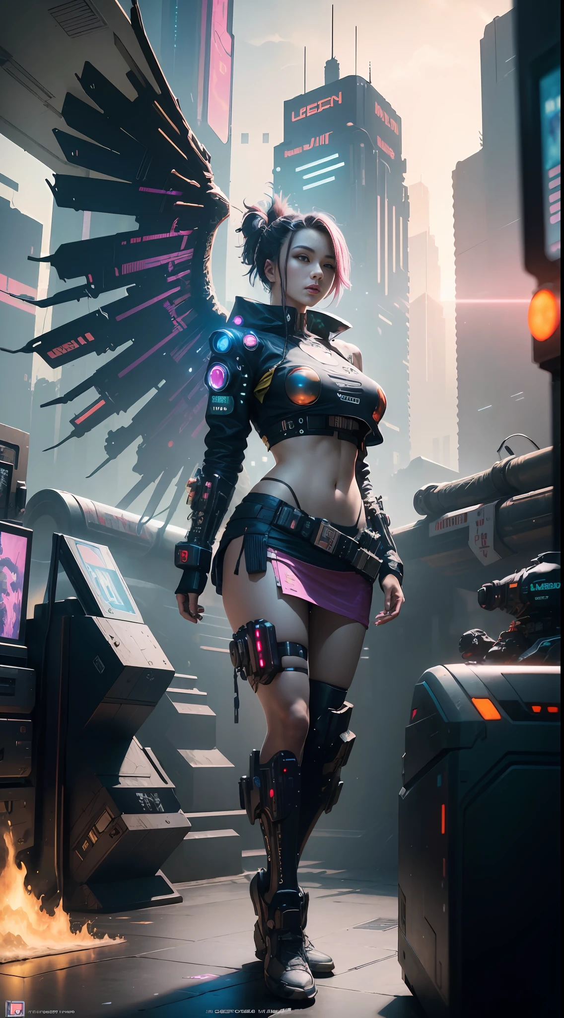 ((Best quality)), ((masterpiece)), (highly detailed:1.3), 3D, beautiful, (cyberpunk:1.6), in space, nebulous, (holding_weapon:1.3), laser, (1Female mecha:1.3), sexy bulky body, facing the audience, clear bright eyes, full body, (flying, descending, dynamic, motion blur: 1.4), (huge wings of mechs: 1.6), looking up, glowing_eyes, mecha, panorama, background is earth, nebula,  Space, Particles, Reality, HDR (High Dynamic Range), Ray Tracing, NVIDIA RTX, Super Resolution, Unreal 5, Subsurface Scattering, PBR Textures, Post-Processing, Anisotropic Filtering, Depth of Field, Maximum Clarity and Clarity, Multilayer Textures, Albedo and Specular Maps, Surface Shading, Accurate Simulation of Light-Material Interaction, Perfect Proportions, Octane Render, Two-Tone Lighting, Large Aperture, Low ISO, White Balance,  rule of thirds, 8K RAW, efficient sub-pixel, sub-pixel volume product, (best quality), (Japanese: 0.5), (Korean: 0.8), (Liu Yi Fei: 1.5) short blue hair, (big chest: 1.2), (underboob: 1.5), (pink transparent lace mini skirt: 1.5)