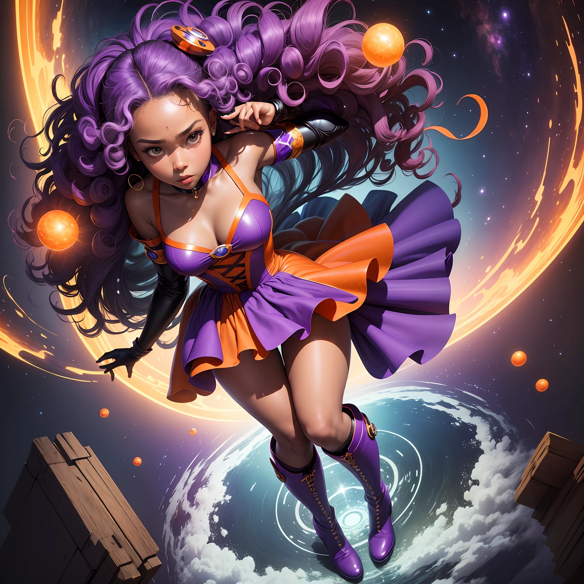 Absurd resolution, high resolution, (masterpiece: 1.4), super detailed, girl one, from above, futuristic, psychic powers, legend, universe, floating, ebony, petite, curly hair, space-time, long boots, purple and orange costume, elbow-length gloves