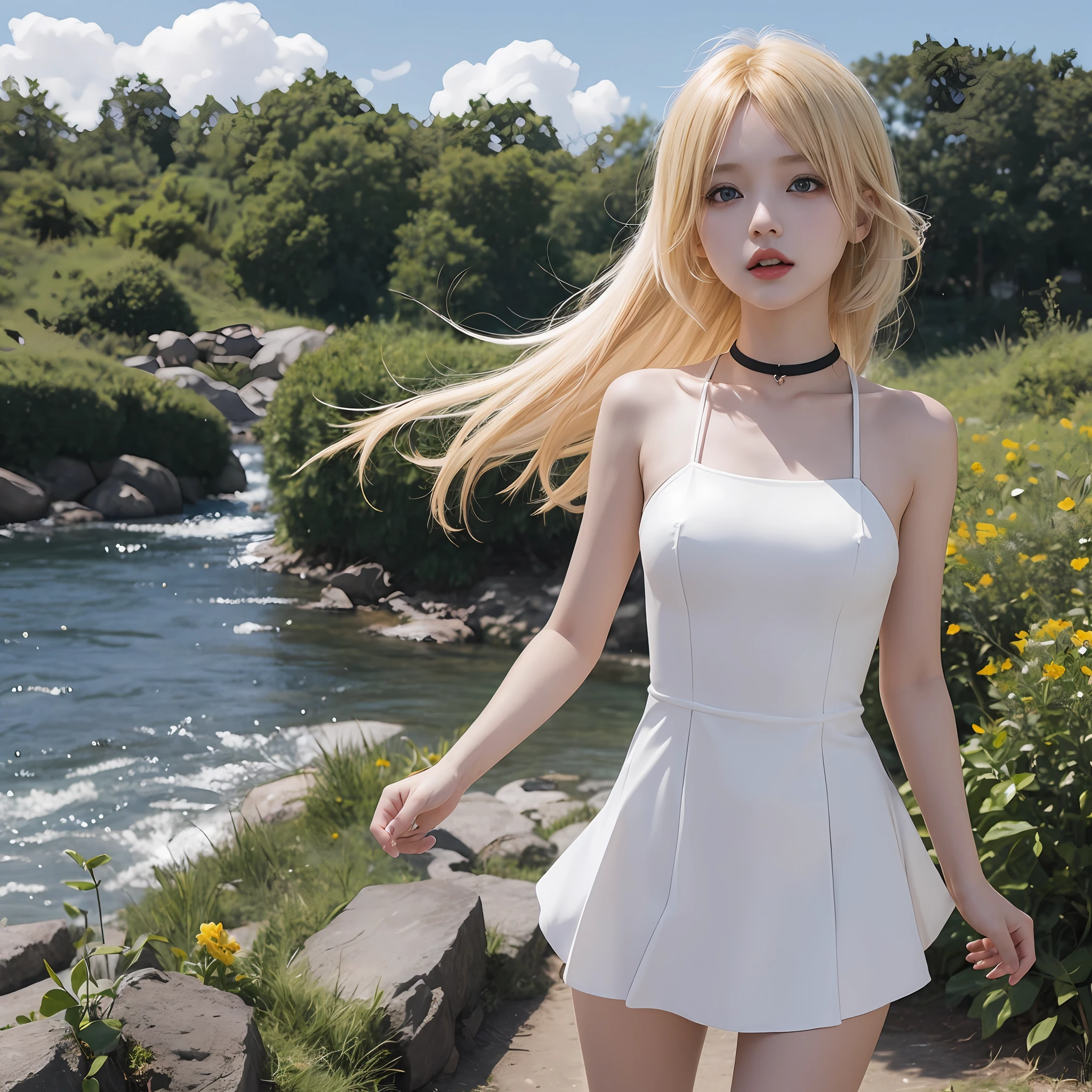 Kagamine rin , tight white dress , bare back , golden hair , blue eyes , red lips , long hair fluttering in the wind , black choker , 3D girl , rin , beautiful girl , 1 girl