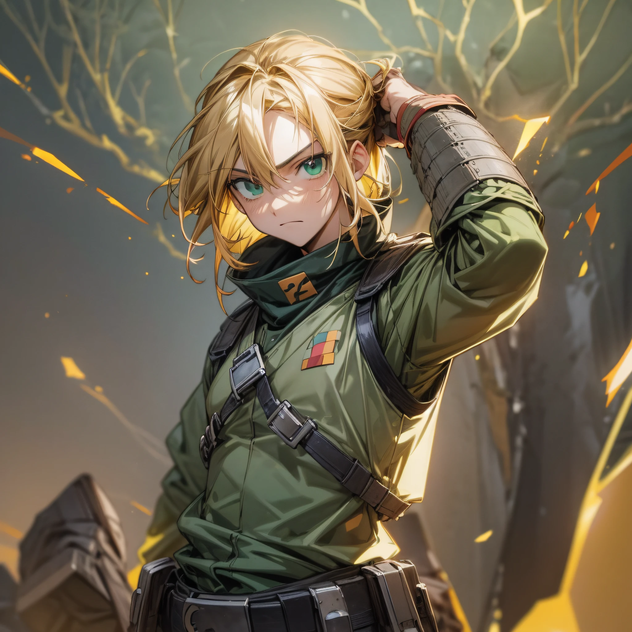 1male soldier, this in a war, blonde and brown hair, medium hair, green eyes, multicolored eyes, expressionless, masterpiece, best quality, high quality, warm colors, epic pose, terror, fear, sanque, tangues de querra, detailed full escenario, anatomically correct complete body, professional light novel illustration, 2d anime style --auto --s2