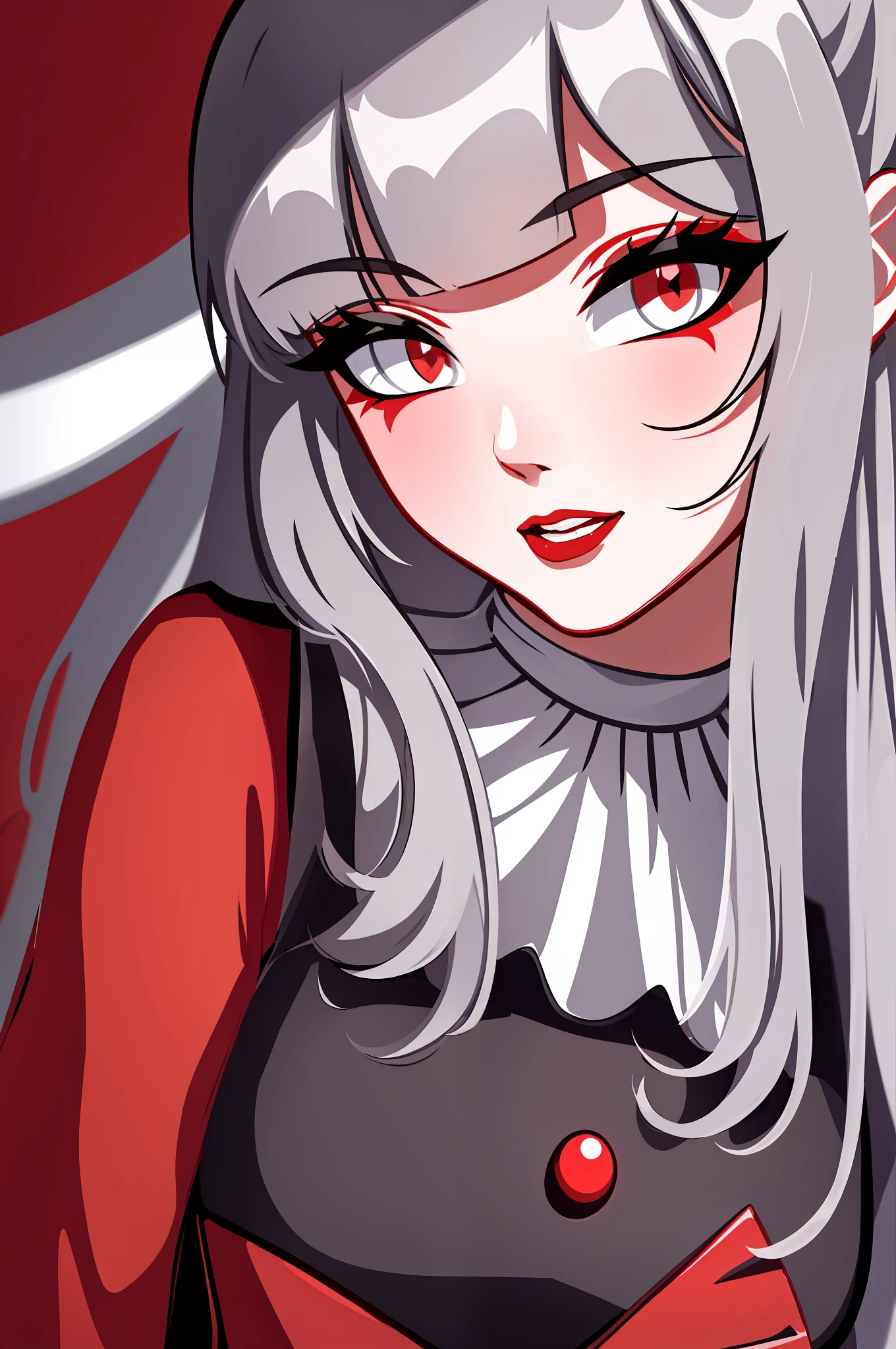 absurdres, (best quality), (masterpiece:1.4),(ultra-detailed:1.2),photorealistic:1.2),(highres),abstract,
BREAK
natural makeup, red gloss lips, monochrome background,
black military uniform, gothic ta, military hat, epaulette,
(1 girl, solo:1.5),long hair, (silver hair:1.2),(glowing red eyes:1.2), (looking away),