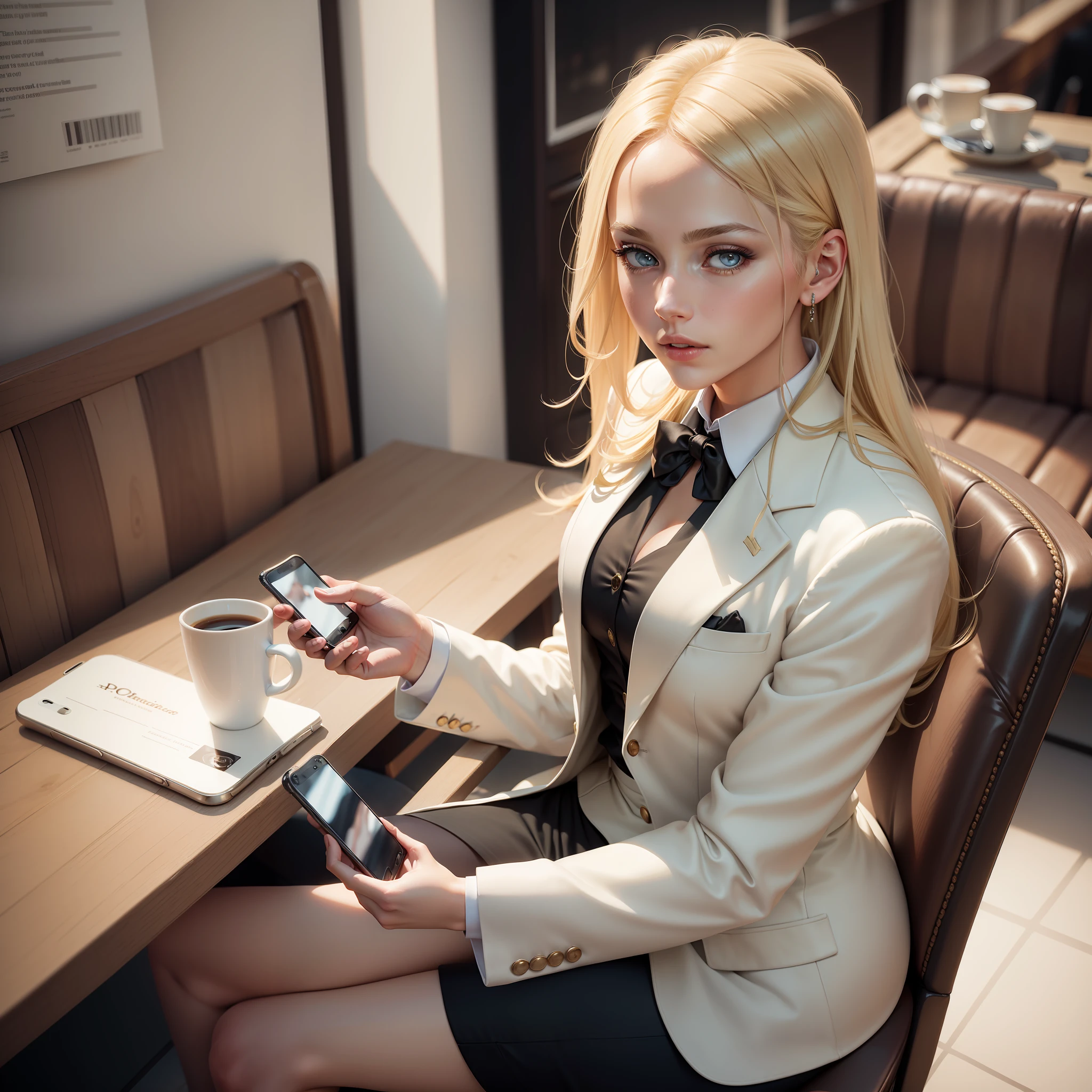 Ultra realistic image of a beautiful blonde woman, light eyes, dressed in a formal ensemble with a white blazer with black details, sitting in a coffee shop distracted with her iPhone