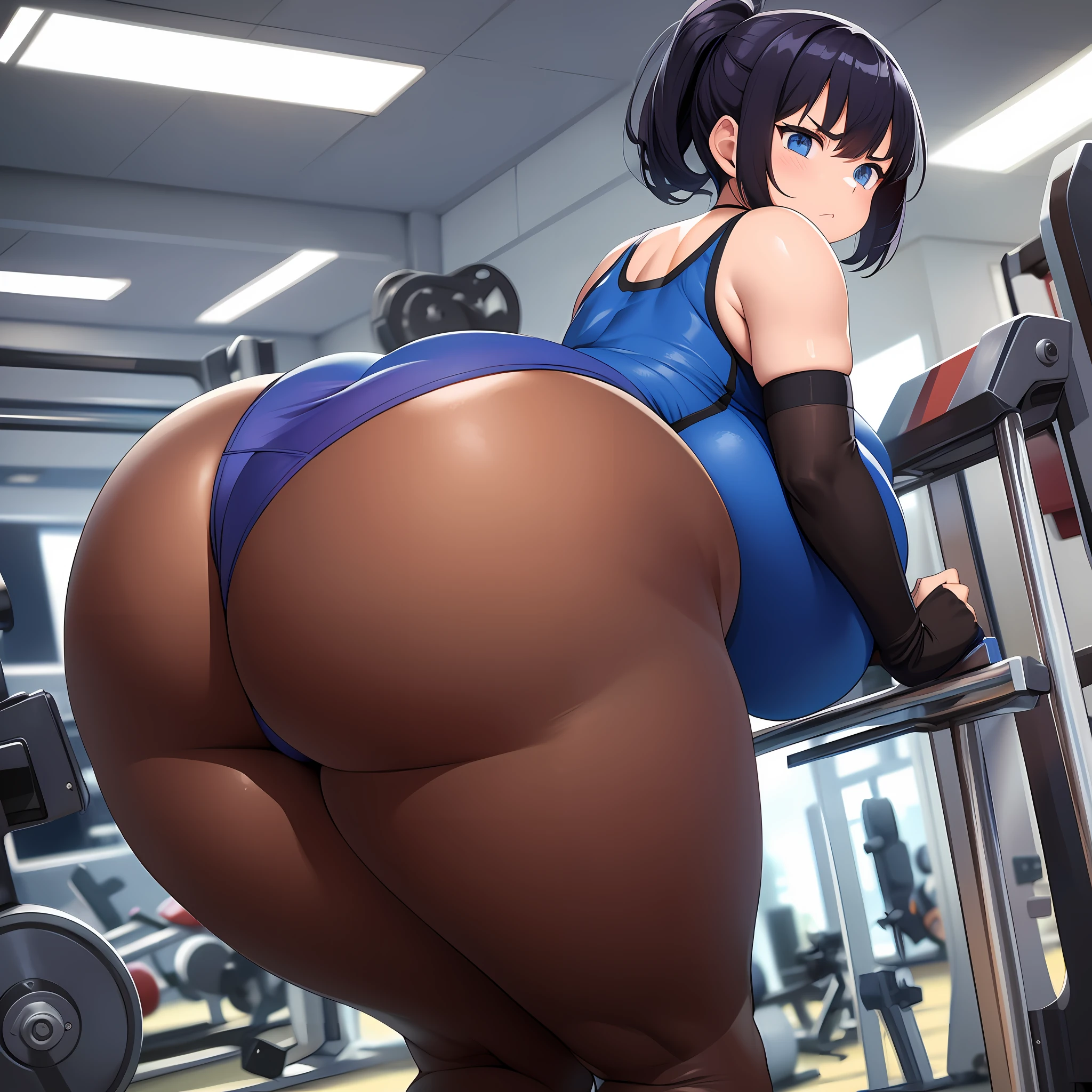 1girl, leotard, in gym, hyper ass, massive ass, thick ass, thick thighs, plump, stripped panties, annoyed, gigantic ass, tights, ass focus, ass expansion