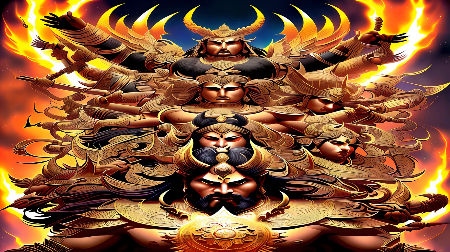 portrayed in a striking image. Highlight his ten heads, multiple arms, and his commanding presence that captures both his immense power and inner conflict. Depict the contrasting elements of his fierce warrior persona and his scholarly wisdom, showcasing his intricate and ornate attire, adorned with symbols of his royal lineage. Capture the essence of Ravana's mythical aura and the epic battle that unfolds between him and the virtuous hero, Rama