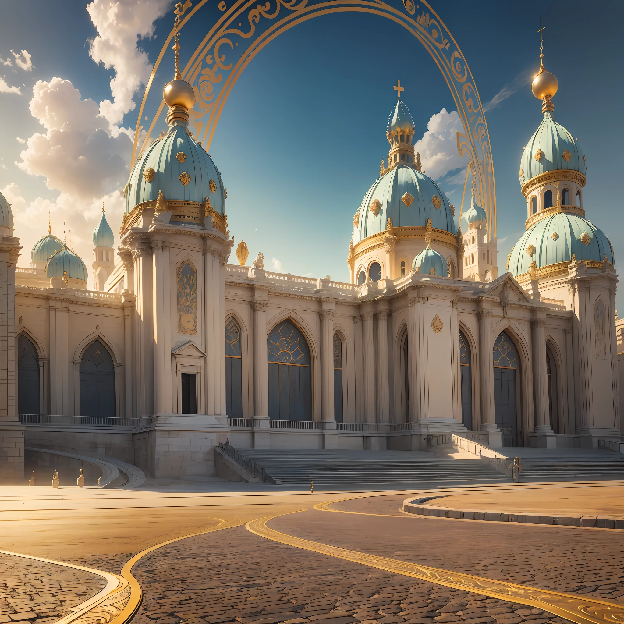a grand kingdom, bathed in a heavenly glow. The streets are paved with gold, shimmering under the divine light. The gates are made of pearls, their iridescence reflecting the purity of the realm. At the center of the gates stands Jesus, the embodiment of love and grace, serving as the door of access. The scene is captured in a hyper-realistic style, with every detail meticulously rendered. The lighting is soft yet radiant, casting a warm and inviting atmosphere. The colors are rich and vibrant, with the gold of the streets and the pearl of the gates standing out prominently. The composition is taken with a high-resolution 16k camera, using a wide-angle lens to capture the grandeur of the kingdom in its entirety. The shot is taken from a low angle, emphasizing the majesty and awe-inspiring scale of the scene --auto --s2