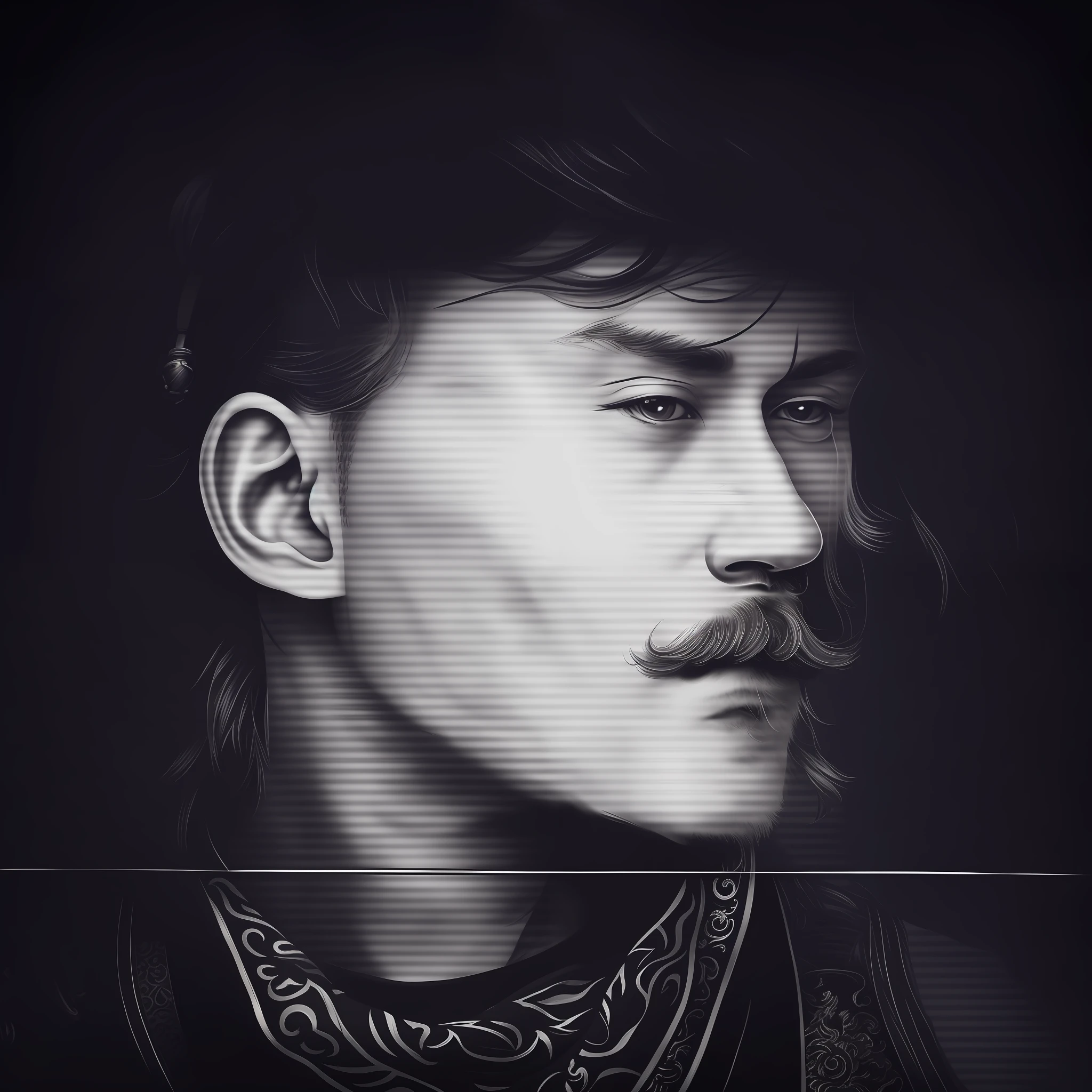 there is a man with a mustache and a bandana on his neck, inspired by Zhu Da, epic portrait illustration, drawn with photoshop, detailed face with moustache, nft portrait, detailed face background detail, solid snake portrait, extremely detailed portrait, dark but detailed digital art, portrait of johnny depp, fan art, sharp detailed face, portrait of jossi of blackpink