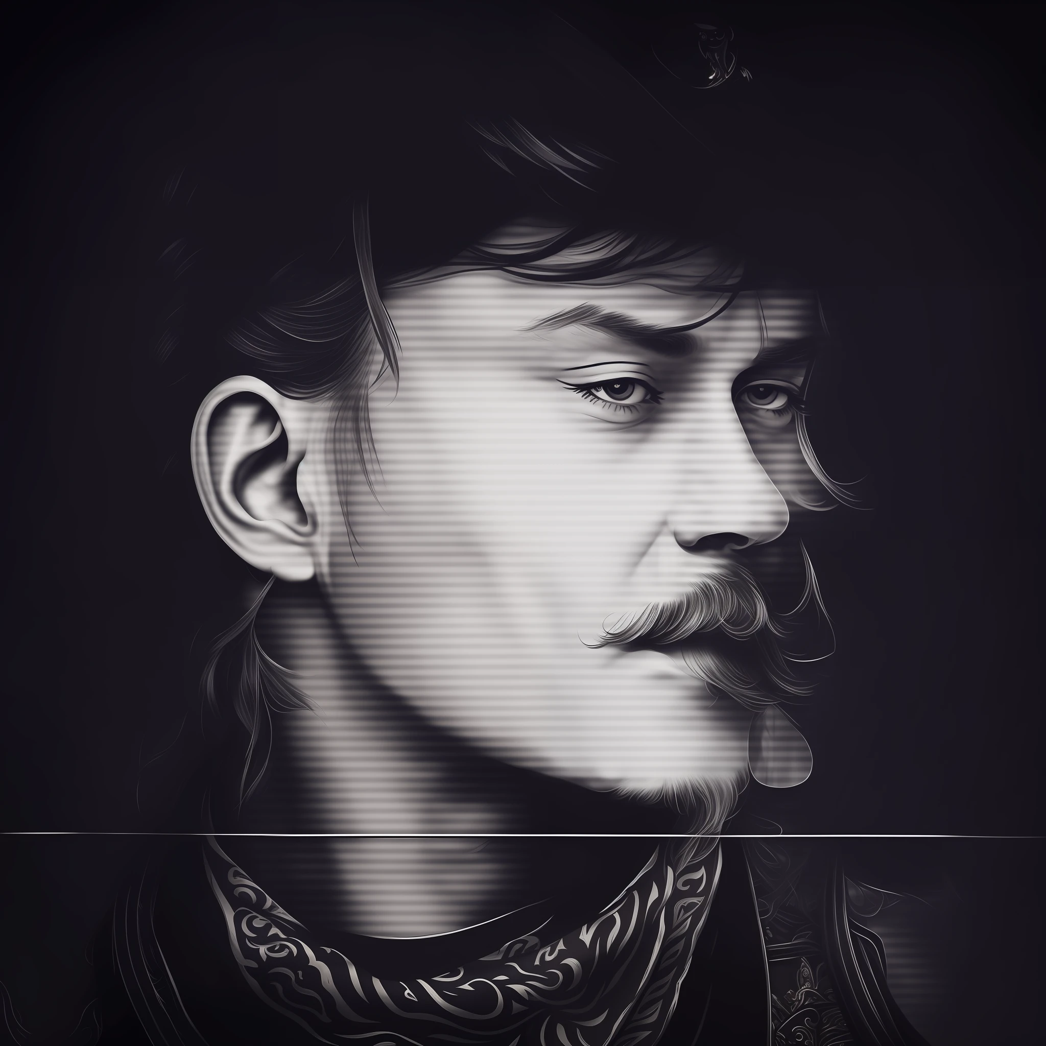 there is a man with a mustache and a bandana on his neck, inspired by Zhu Da, epic portrait illustration, drawn with photoshop, detailed face with moustache, nft portrait, detailed face background detail, solid snake portrait, extremely detailed portrait, dark but detailed digital art, portrait of johnny depp, fan art, sharp detailed face, portrait of jossi of blackpink