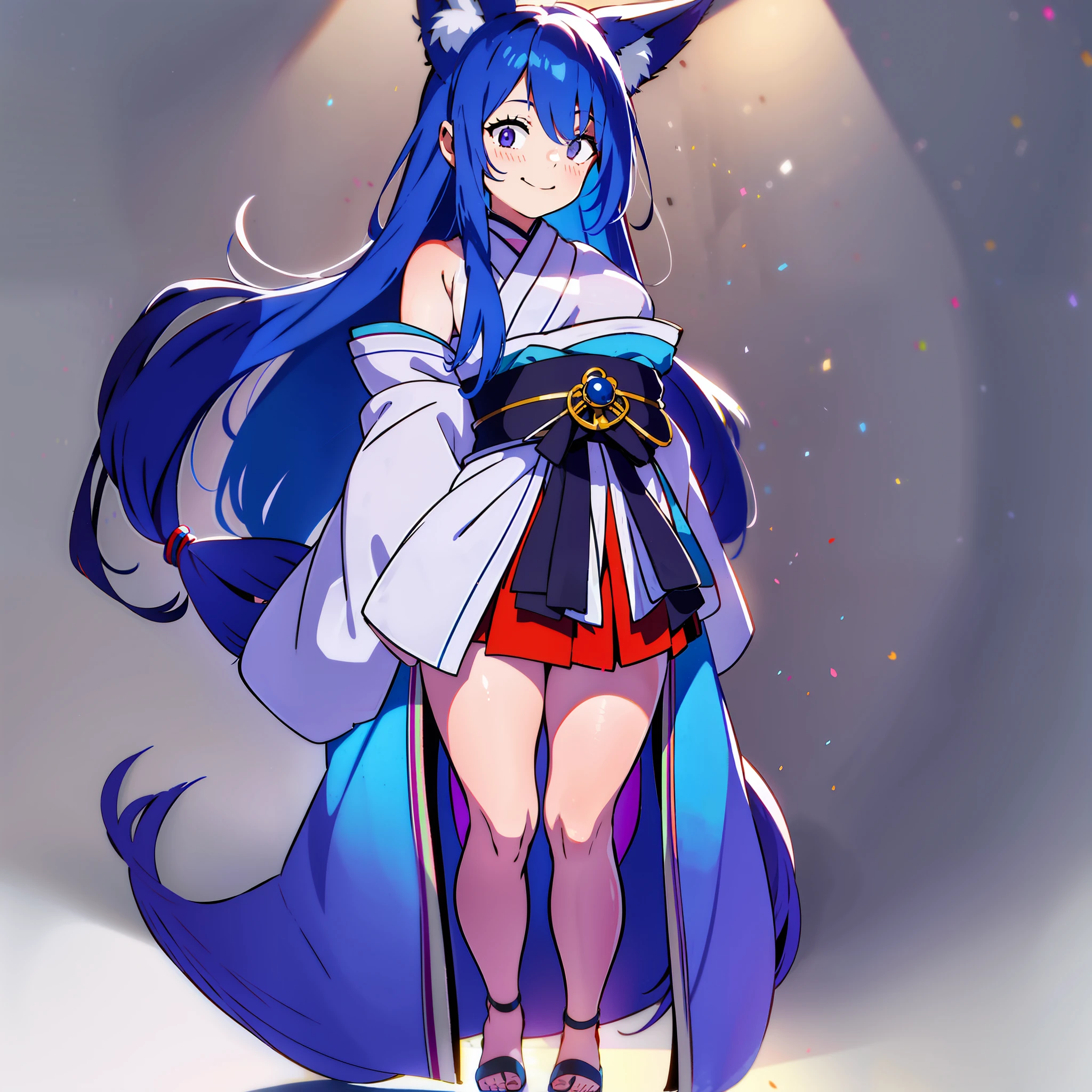1girl, smile, short, chubby, full body, long blue hair, upper blue hair, chained lower red hair, blue fox ears, blue fox tail, large bust, gray eyes, gray pupils, purple kimono, black knee length shorts, scanned, , Hedda Sterne