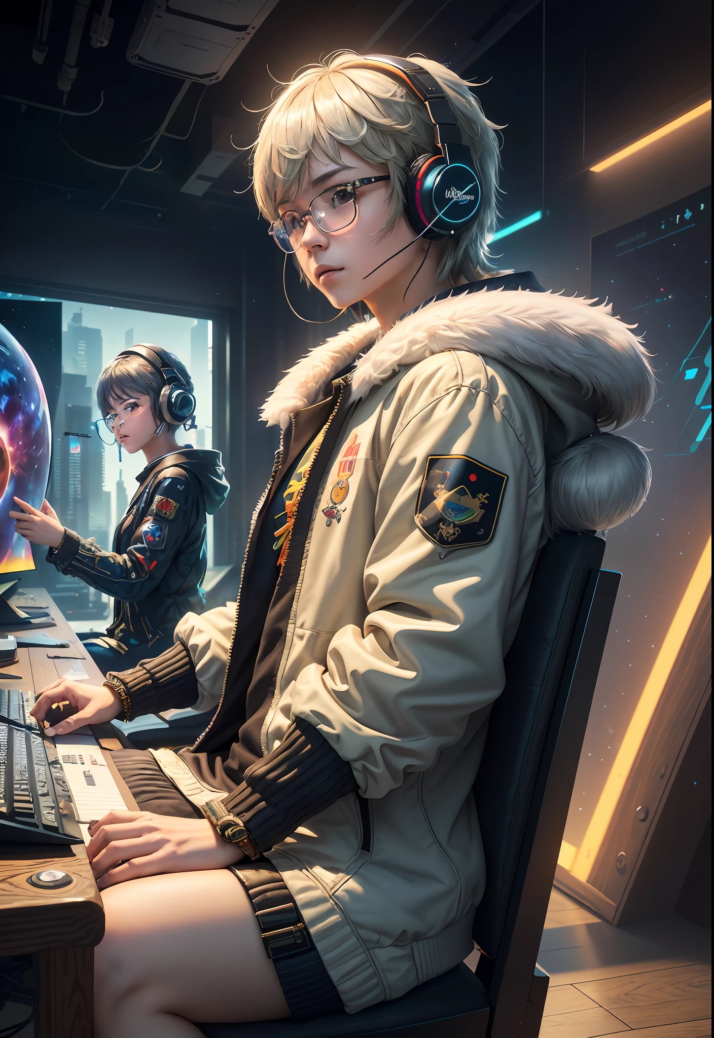 Masterpiece, Best Illustration, Solo, Multiplayer, Handsome Glasses-kun, White-haired Boy, Blonde Girl, Seated, Keyboard \ (Computer \), Fur Decoration, Computer, Monitor, Hood, Jacket, Hood Down (Chair, Headphones, City, Instrument, Cyberpunk, Wooden Toys,\(\(Intricate Details\)\), Color Details, Rainbow Color BREAK, \(\(Best Quality of Masterpiece\)\), 4K, Ultra Detail, Detailed Lighting, \((Inspired by Hayao Miyazaki)\), Official Art, Propaganda art, composition, a giant mirror ball floating in space, twinkling lights, sad lost, particles in the air, intricate fractals, detailed, (illustration), masterpiece, high resolution, best quality. Illuminate people, colorful, master composition, focus on key figures, realism, masterpiece, award-winning, best quality, masterpiece, ultra-detailed, 8K, extremely detailed CG Unity 8k wallpaper, complex, highly detailed, realistic