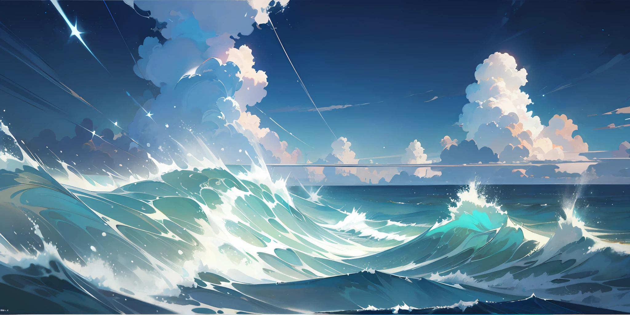 Masterpiece, best quality, official art, extremely detailed CG unified 8k wallpaper, no man, landscape painting, white waves separated to both sides, sea water, white, blue, cyan,