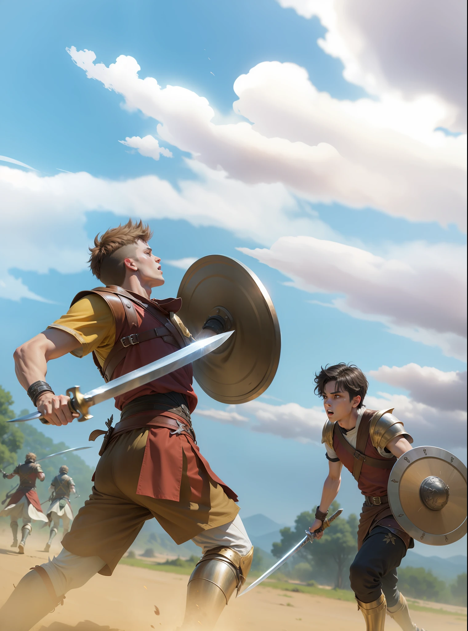 4k, realistic, very detailed, two male agers fighting with swords