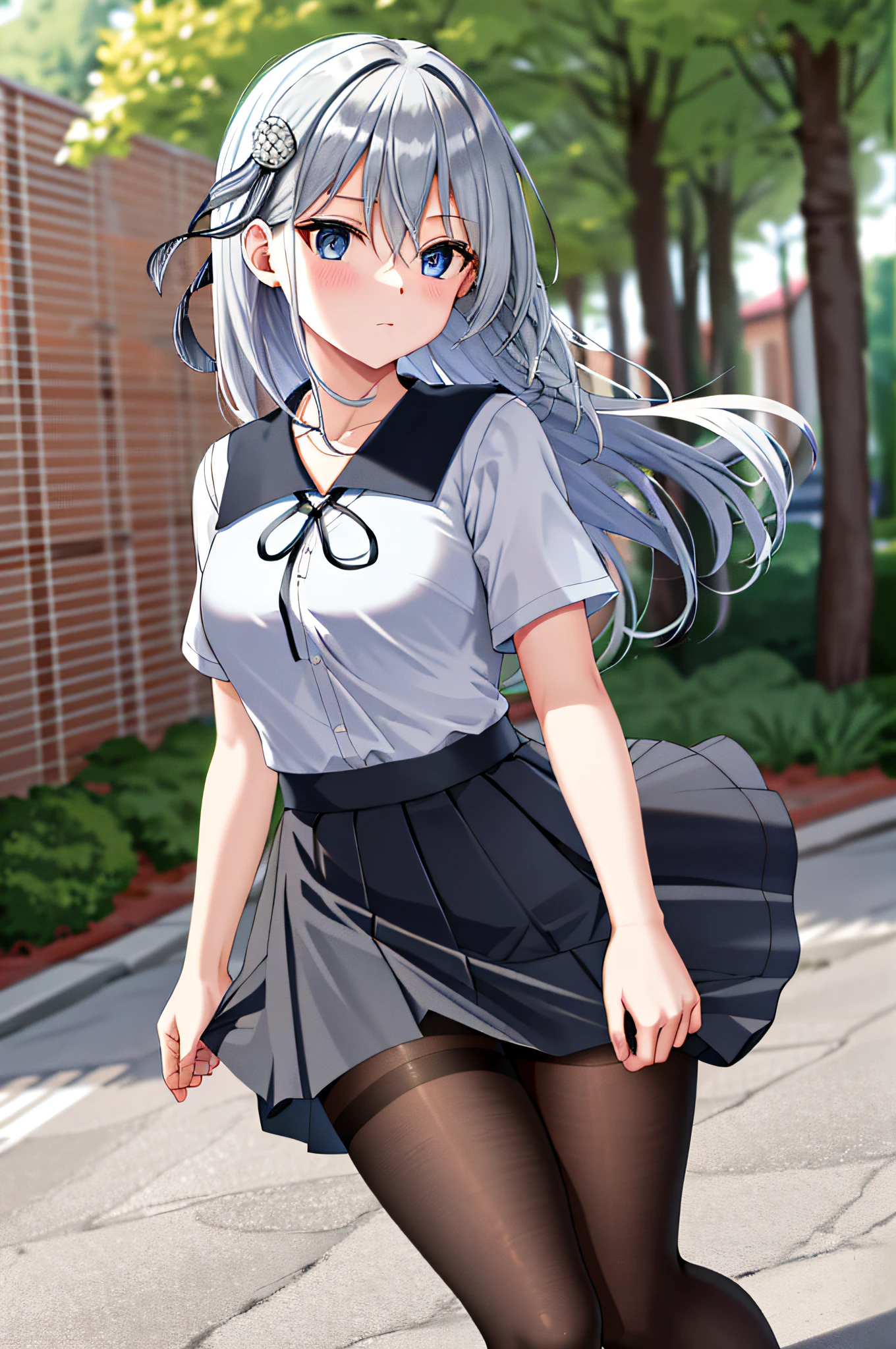 masterpiece, best quality, highres, kei1, 1girl, solo, blue eyes, long hair, social workshop uniform, short sleeves, ribbon, bangs, collarbone, gray hair, black skirt, adult appearance, anatomically correct body, hair ornament, black hair band, black pantyhose, neck ribbon, hair between eyes, medium breasts, sailor collar, back, outdoors, (wind: 1.4),  panties: 1.3)