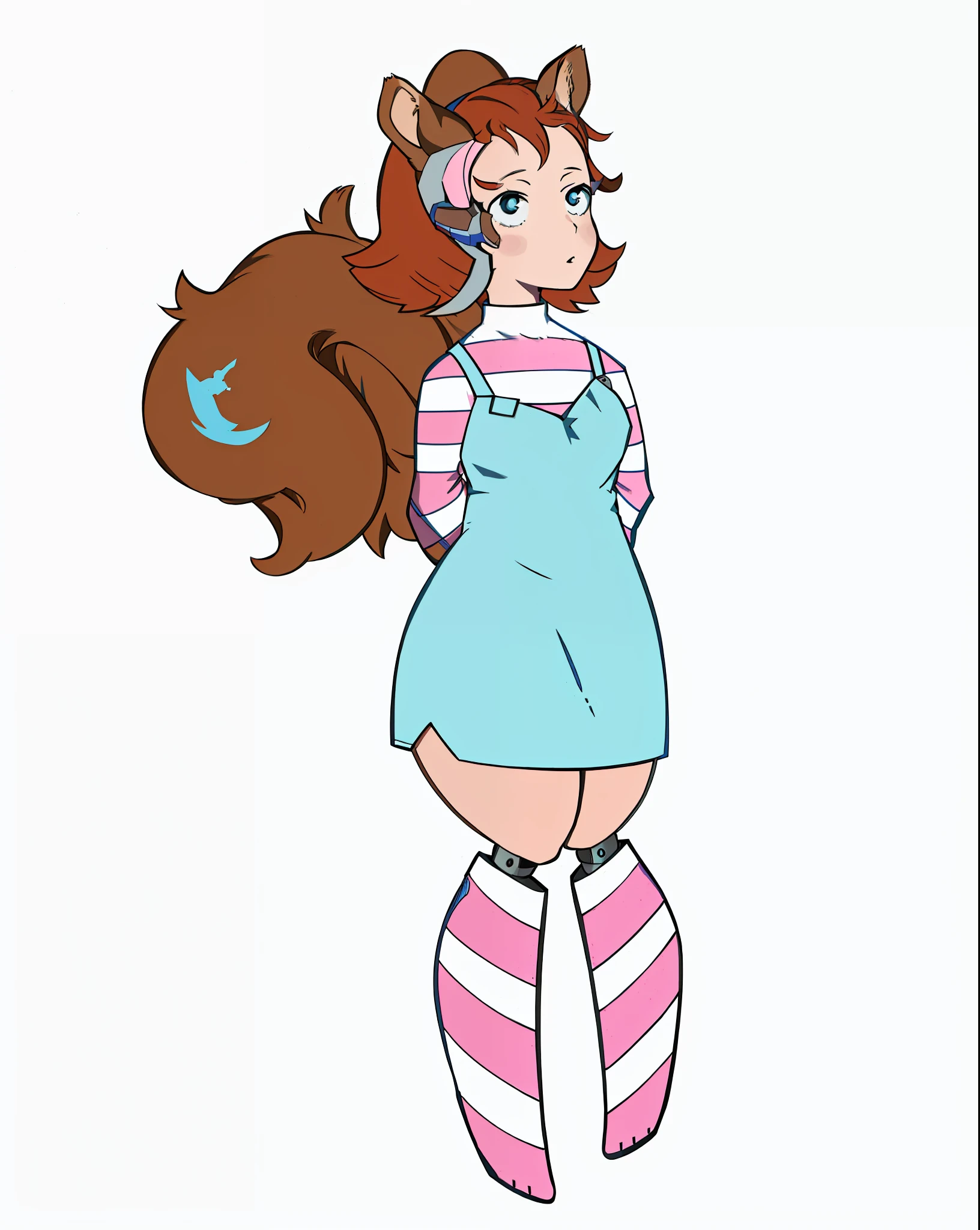 an anime girl with blue jumper over a pink and white striped turtleneck and striped stockings, robotic calves, squirrel ears and squirrel tail, inspired by Daphne Fedarb, full body portrait of a short!girl, !!full body portrait!!, cel - shaded art style, pink striped robotic prosthetic legs