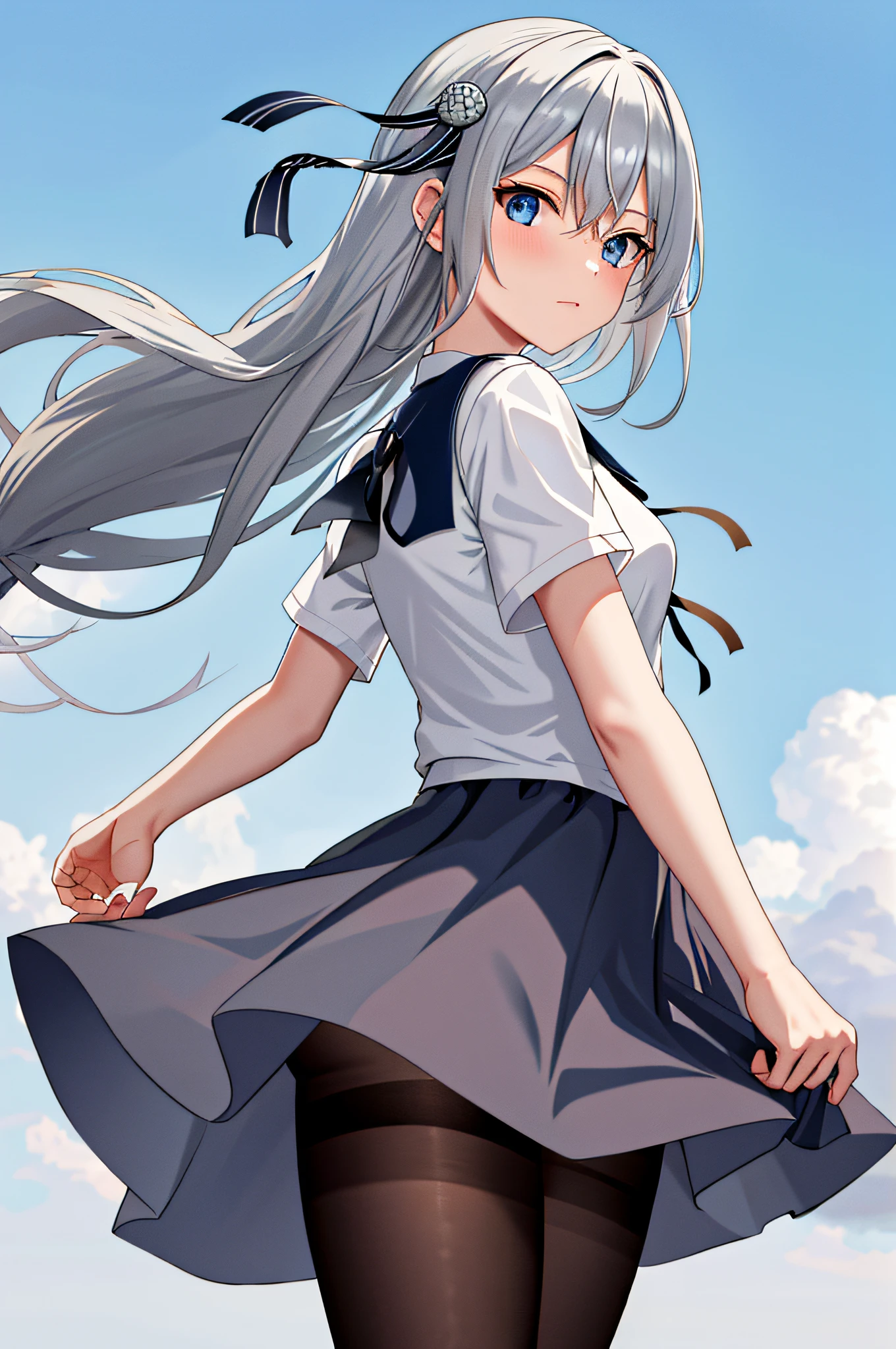 masterpiece, best quality, highres, kei1, 1girl, solo, blue eyes, long hair, white dress, short sleeves, ribbon, bangs, collarbone, gray hair, white skirt, adult appearance, anatomically correct body, hair ornament, black hair band, black pantyhose, neck ribbon, hair between eyes, medium breasts, sailor collar, back, outdoors, (wind: 1.4), panties: 1.3)