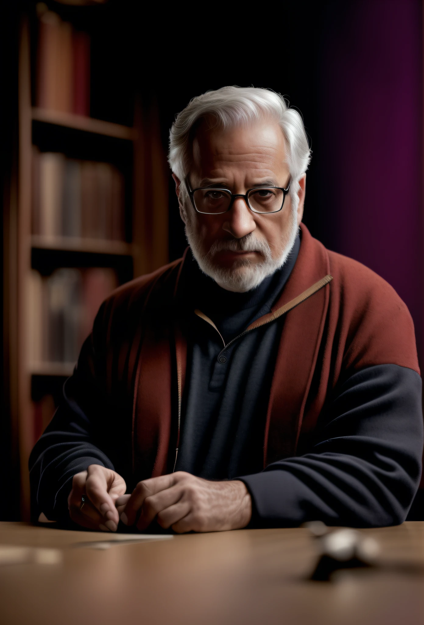 Happy 50 year old professor portrait, simple, in the library, book in hand, looking at viewer, portrait, sitting in chair, expert, professor, polite (dark private study, dark and moody light: 1.2), (full portrait), (half shot), solo, detailed background, detailed face, (stonepunkAI, stone theme:1.1), sharp focus, volumetric lighting, good highlights, good shading, subsurface scattering, intricate, highly detailed, ((cinematic)), dramatic, (highest quality, award winning, masterpiece:1.5), (photorealistic:1.5)