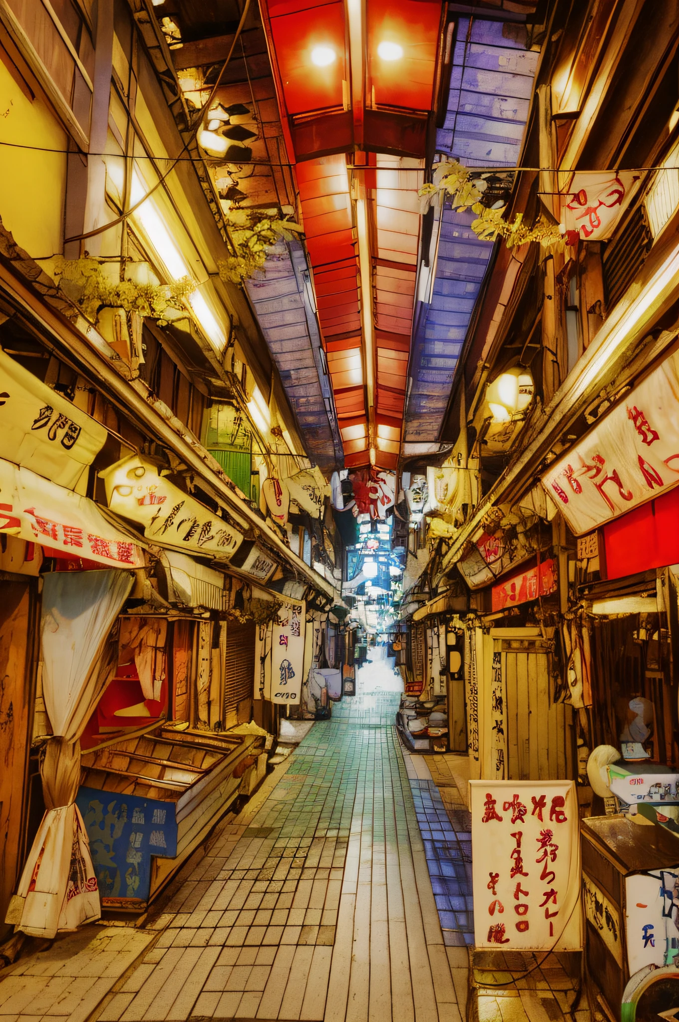 there are many signs hanging from the ceiling in this market, old japanese street market, market in japan, wet market street, market, deserted shinjuku junk, deserted shinjuku junk town, okinawa japan, tokyo alleyway, the vibrant echoes of the market, japanese street, market setting, japanese downtown, fish market stalls, sakimichan hdri