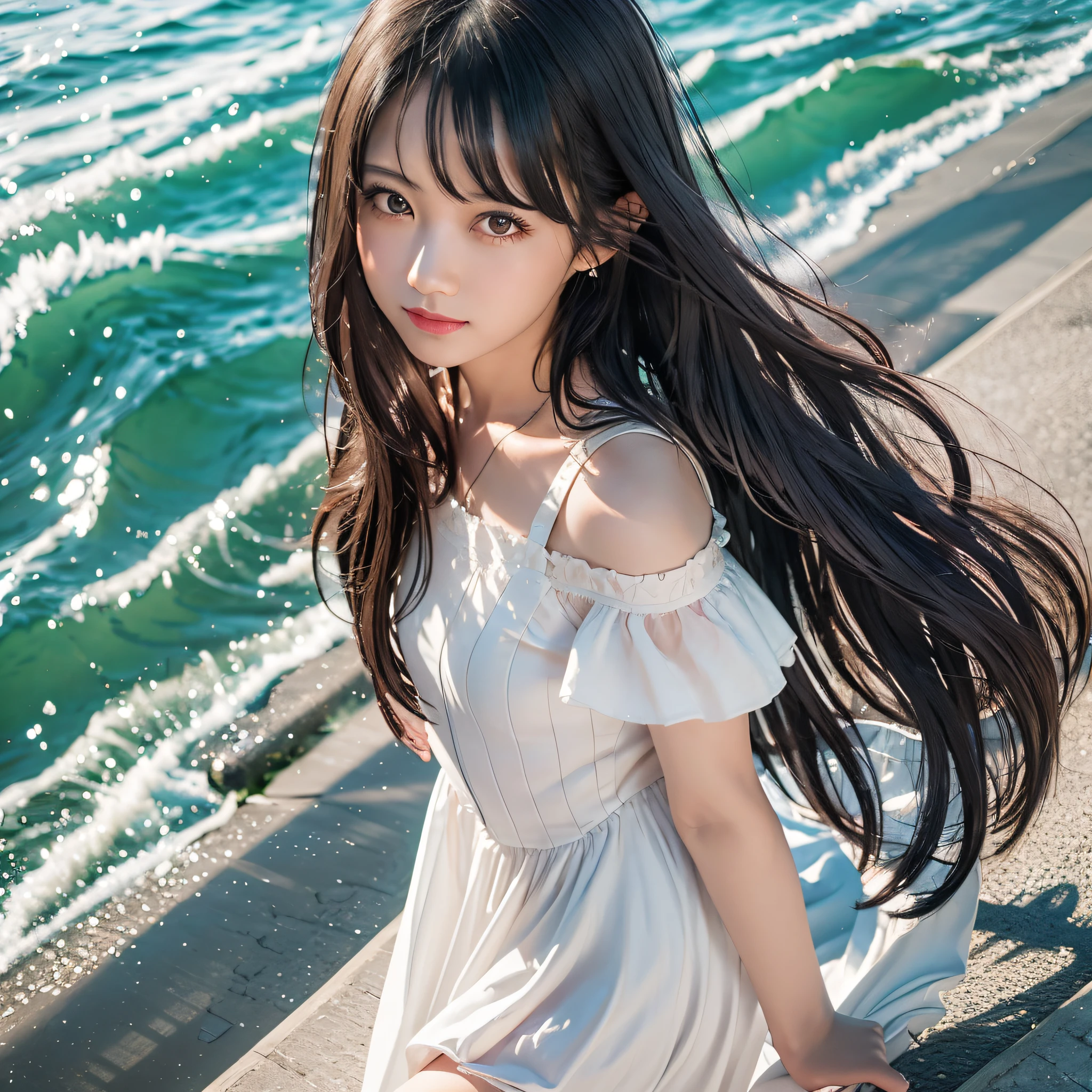 person girl, solo, very detailed, super detailed, ultra high definition, (photorealistic: 1.4), (best quality), (best shadow), detail, perfect lighting, black hair, long hair, (small: 1.2), Japan person, 28 years old, white dress, black pouch, smile, turned around pose, attractive pose, full body shot, seaside date