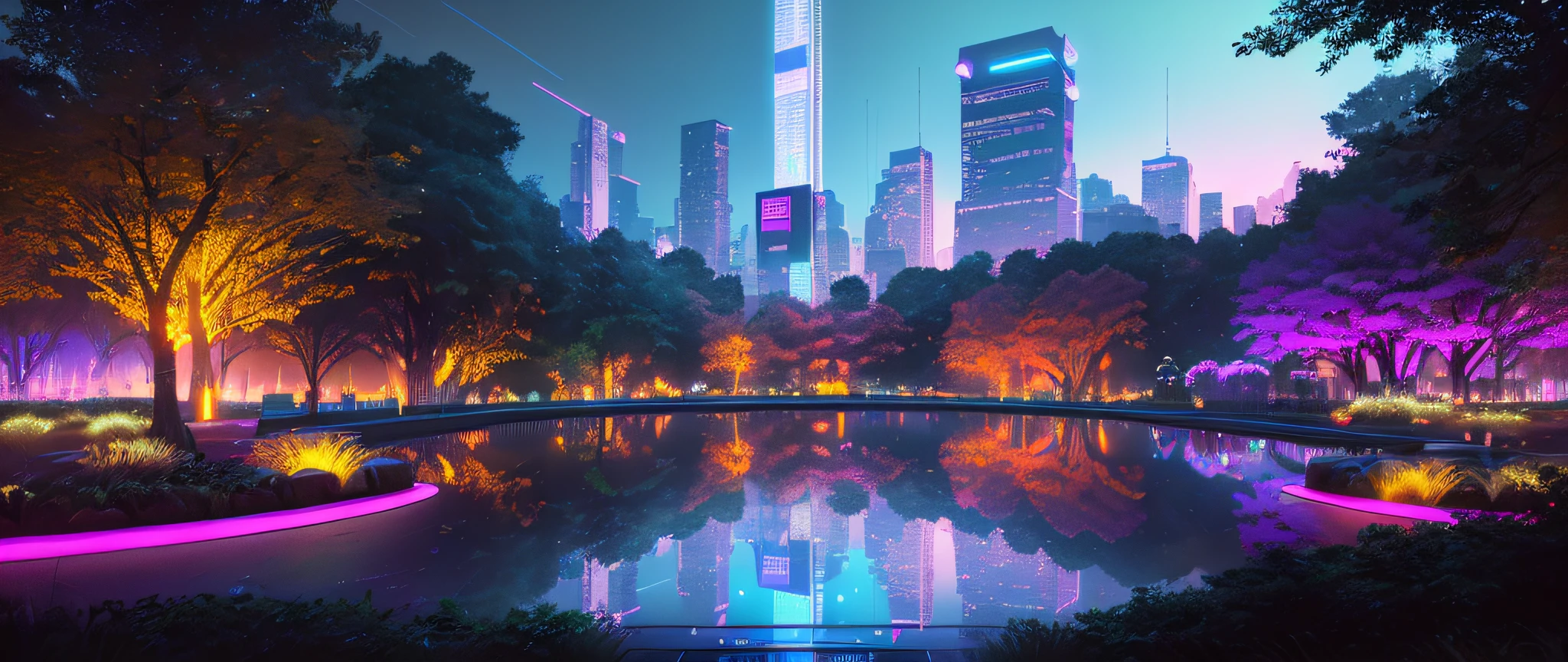 Imagine Central Park, New York as a scene from a cyberpunk dystopia. The park's natural elements are replaced with high-tech, bio-engineered flora that emit neon light. The pathways are illuminated with embedded LED lines, guiding the way through the park. The surrounding buildings are towering structures of steel and glass, adorned with holographic advertisements. The style should be inspired by the video game "Cyberpunk 2077", with a gritty, futuristic aesthetic. The lighting should be low and atmospheric, with the neon lights providing most of the illumination. The color scheme should be dark and moody, with vibrant neon colors breaking the monotony. Use a high-resolution 16k camera and a wide-angle lens to capture the vastness of the park, and a high aperture to keep everything in focus. The shot should be taken from a bird's eye view, showcasing the geometric layout of the park amidst the chaotic cityscape
