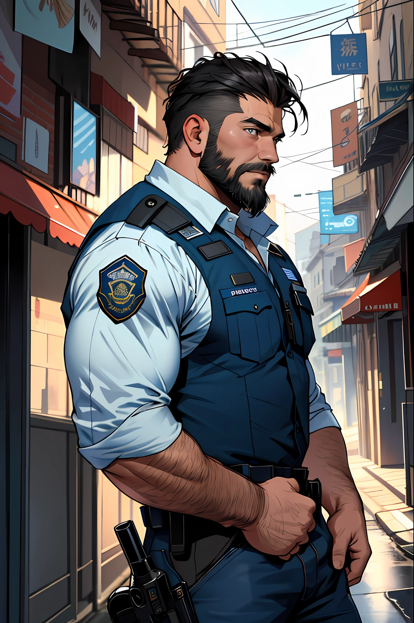 Best quality, masterpiece, ultra high res,detailed background,realistic,illustration,cowboy shot,solo,1boy,muscular male,beard,police uniform,street,muscular,facial hair,volumetric lighting,depth of field
