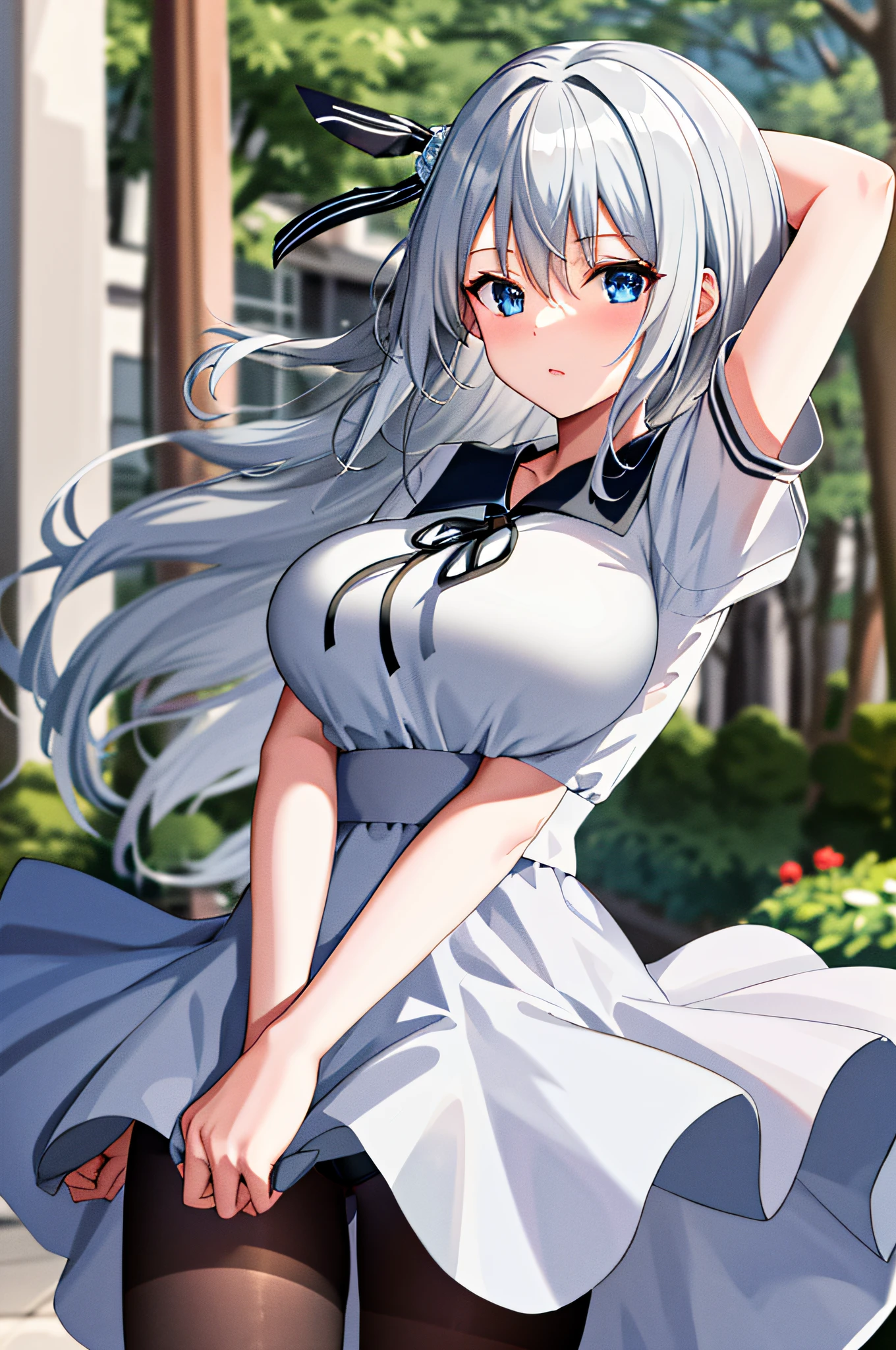 masterpiece, best quality, highres, kei1, 1girl, solo, blue eyes, long hair, white dress, short sleeves, ribbon, bangs, collarbone, gray hair, white skirt, adult appearance, hair ornament, black hair band, black pantyhose, neck ribbon, hair between eyes, large breasts, sailor collar, back, outdoors, (wind: 1.4), panties: 1.3)