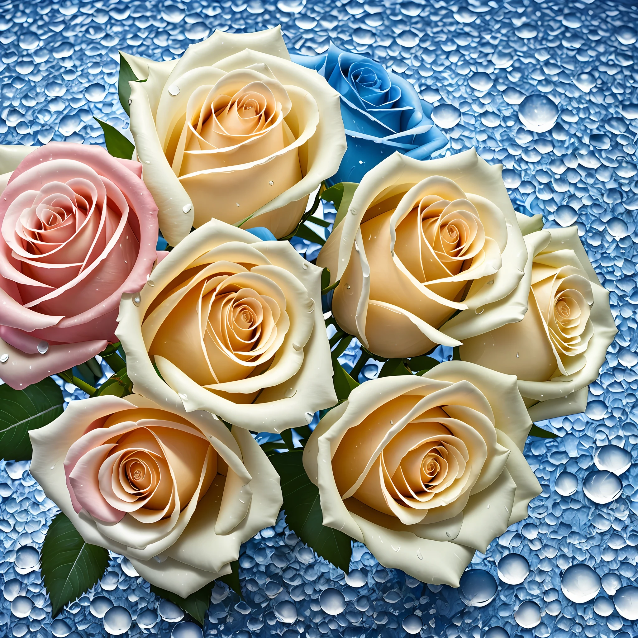 Champagne bouquet of roses with morning rain on petals, on a blue background It looks particularly eye-catching, studio lighting, 50mm hyper-detail centered composition, --auto --s2