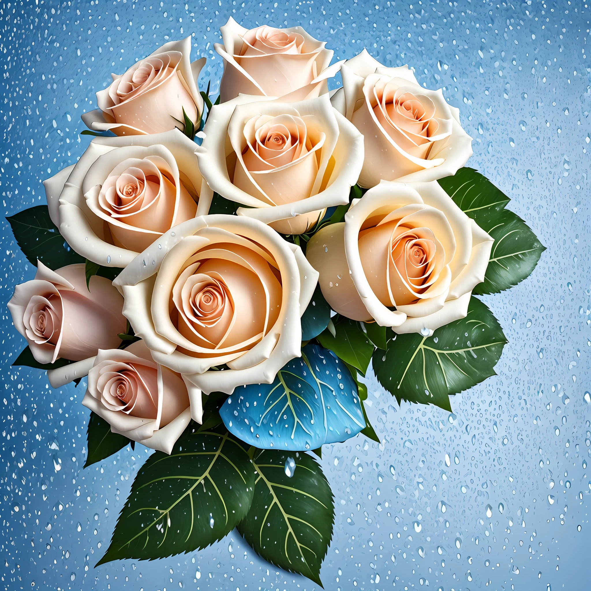 Champagne bouquet of roses with morning rain on petals, on a blue background It looks particularly eye-catching, studio lighting, 50mm hyper-detail centered composition, --auto --s2