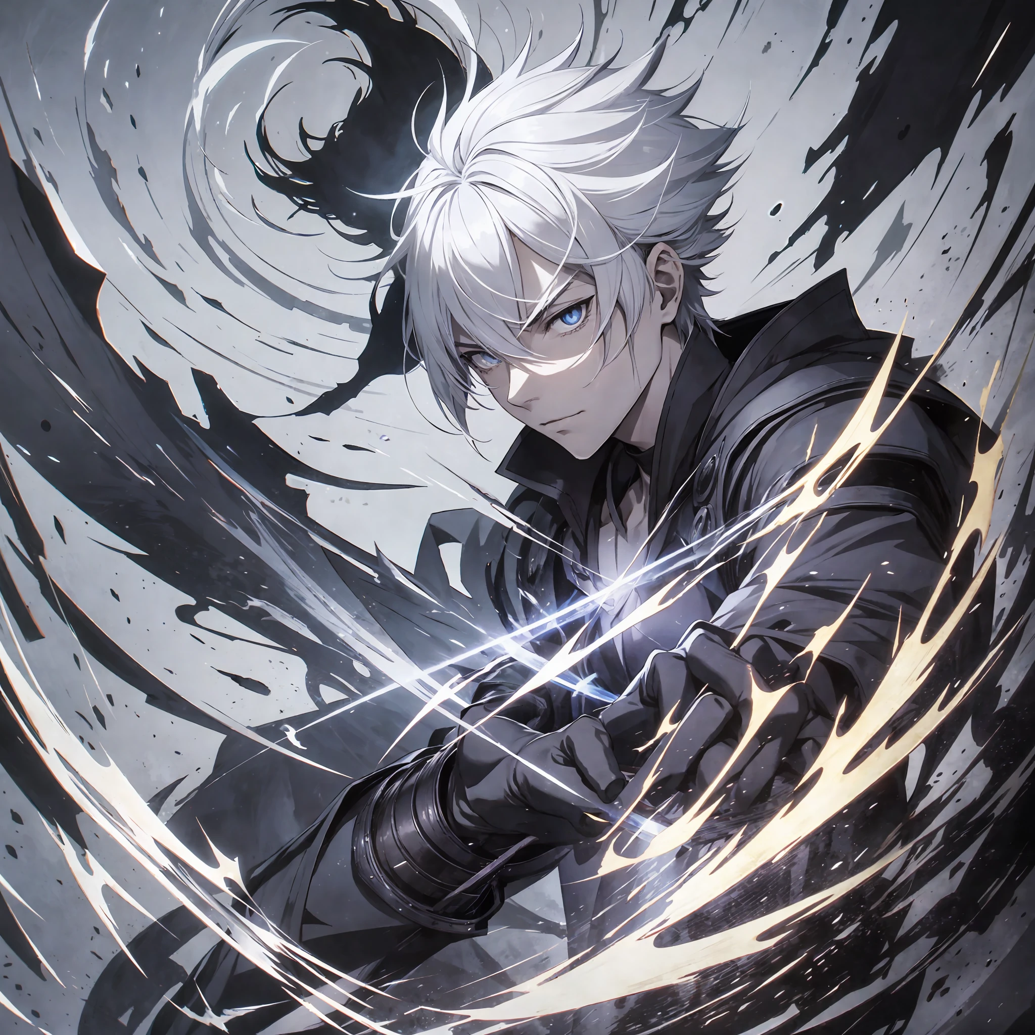 Male character, anime manga, webtoon, zed legue of legends character, white hair, short hair, shadow powers, wielding daggers made of shadows, shadow powers, fighting in a lunar environment, living shadows, dynamic pose, surrounded by black shadows, oni spectre, masterpiece, anime art, surrounded by menacing dark powers, surrounded by black fire, dominant atmosphere generator, Deep and wide darkness, cinematic texture, grayscale light --auto --s2