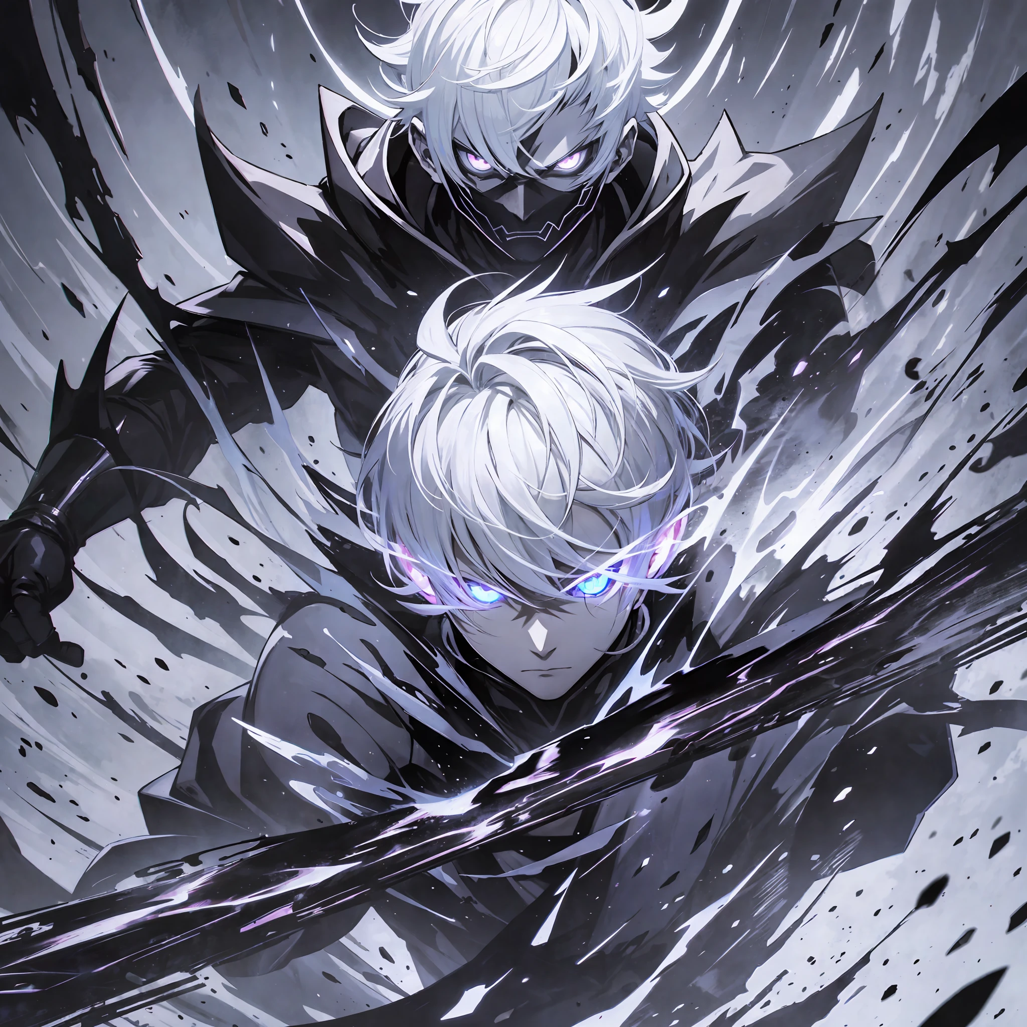 Male character, anime manga, webtoon, zed legue of legends character, white hair, short hair, shadow powers, wielding daggers made of shadows, shadow powers, fighting in a lunar environment, living shadows, dynamic pose, surrounded by black shadows, oni spectre, masterpiece, anime art, surrounded by menacing dark powers, surrounded by black fire, dominant atmosphere generator, Deep and wide darkness, cinematic texture, grayscale light --auto --s2