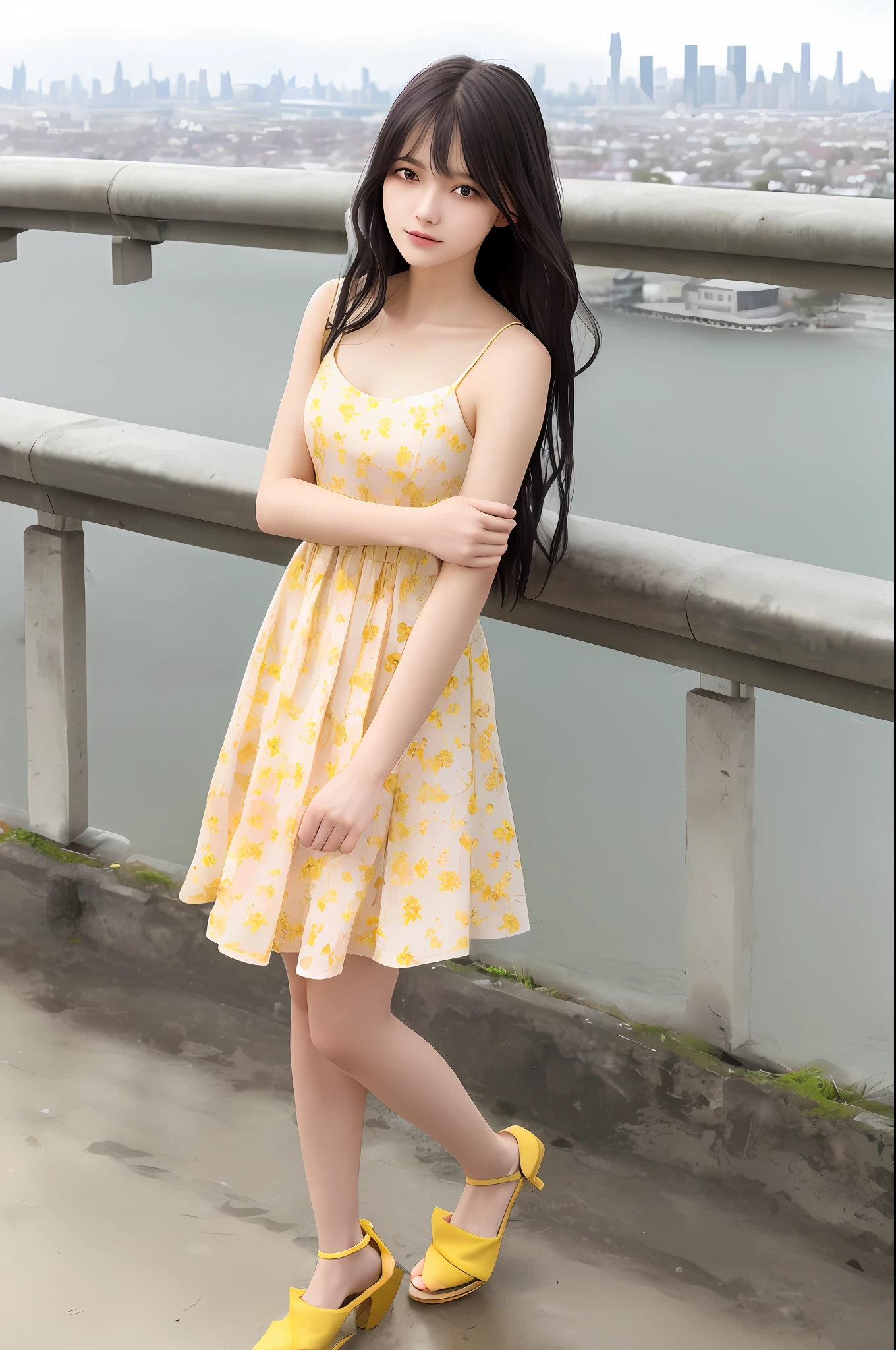 Realistic, textured skin, {best quality}, {highres}, beautiful and charming girl, , focused, mature and delicate face, slender and charming body, delicate and charming collarbone, shoulder-length messy hair, black hair, lively big eyes, peach blossom sheet, (light yellow dress), standing on the roof, leaning on the railing to look at the distant city, {wet}, {annoyed}, bright background