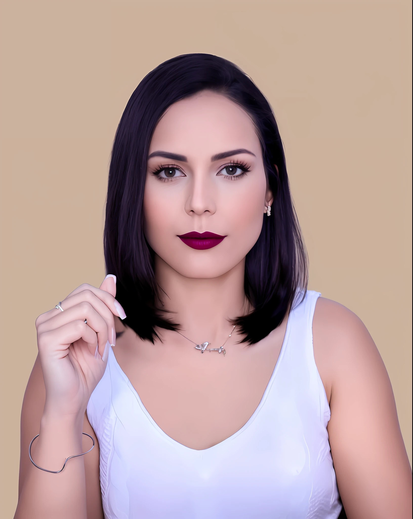 A woman with professional makeup with necklace and bracelet, realistic with the face of the original photo, (insanely detailed :1.5) 20 megapixels Canon EOS R3