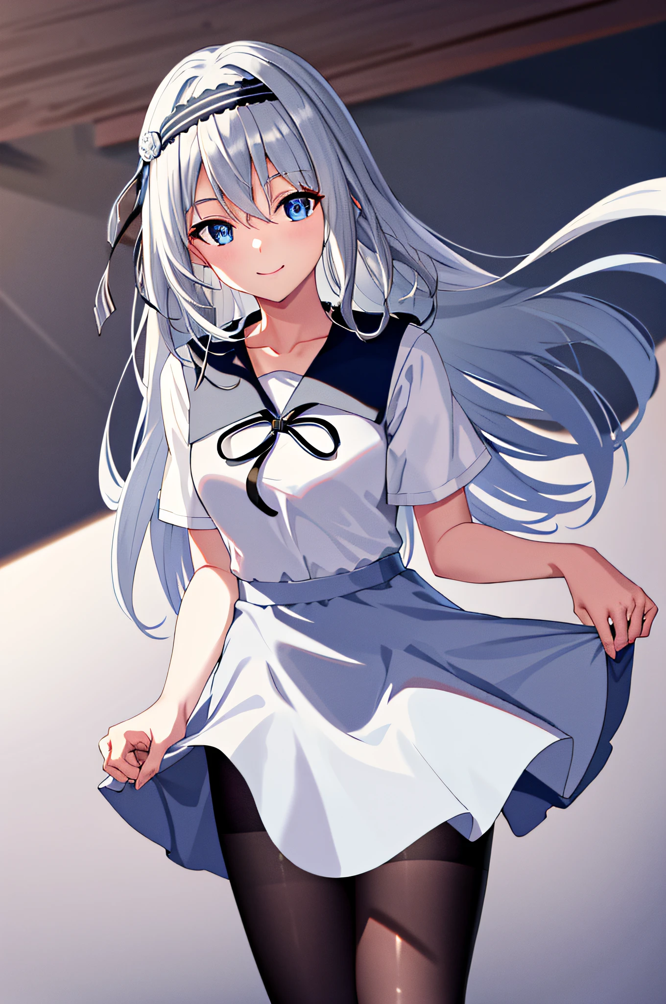 masterpiece,best quality, highres, kei1, 1girl, solo, blue eyes, long hair, white dress, short sleeves, ribbon, bangs, collarbone, grey hair, whte skirt, black hairband, black pantyhose, neck ribbon, hair between eyes, medium breasts, sailor collar, shoes, cowboy shot, smile, standing,