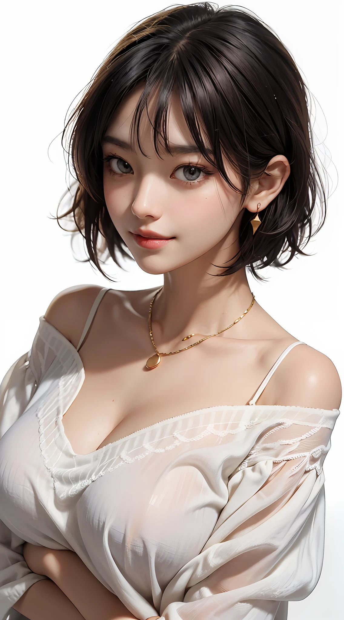 (Best Quality, 8k, 32k, Masterpiece, UHD: 1.2), Cute Japan Woman Pictures, One Girl, (Big), (Tall Women), (Abs), (Lips), Closed Mouth, (Medium Short), Double Eyelids, Wet Skin, Only One Very Beautiful Woman, Very Sexy Body, Gaze Looking Directly At the Camera, Golden Ratio Face, Golden Ratio Body, Big Breasts Looking Directly At the Camera, Non-permanent sexy look, chest between arms to create cleavage, chest closer, coquettish smile, very happy smile, skin luster, big eyes, highlights in pupils, clear double eyelids, eyelashes, long neck, beautiful short hair, glossy dark black hair, bangs, snow-white background, what (best quality, 8k, 32k, masterpiece, UHD: 1.2), Cute Japan woman photo, big breasts, very short bob hair, upper body, (oversized_sweater, :1.1) necklace, simple background, look around, only one very beautiful woman, very sexy body, gaze looking directly into the camera, golden ratio face, golden ratio body, big breasts looking directly at the camera, non-permanent sexy expression, Chest between arms to create cleavage, chest closer, coquettish smile, very happy smile, skin luster, big eyes, highlights in pupils, clear double eyelids, eyelashes, long neck, beautiful short hair, glossy dark black hair, bangs, pure white background, empty background, transparent white off-shoulder, clothes that seem to be visible but not visible, overwhelming charm, background, Transparent white off-shoulder, clothes that seem to be visible but not visible, overwhelming charm, ears out