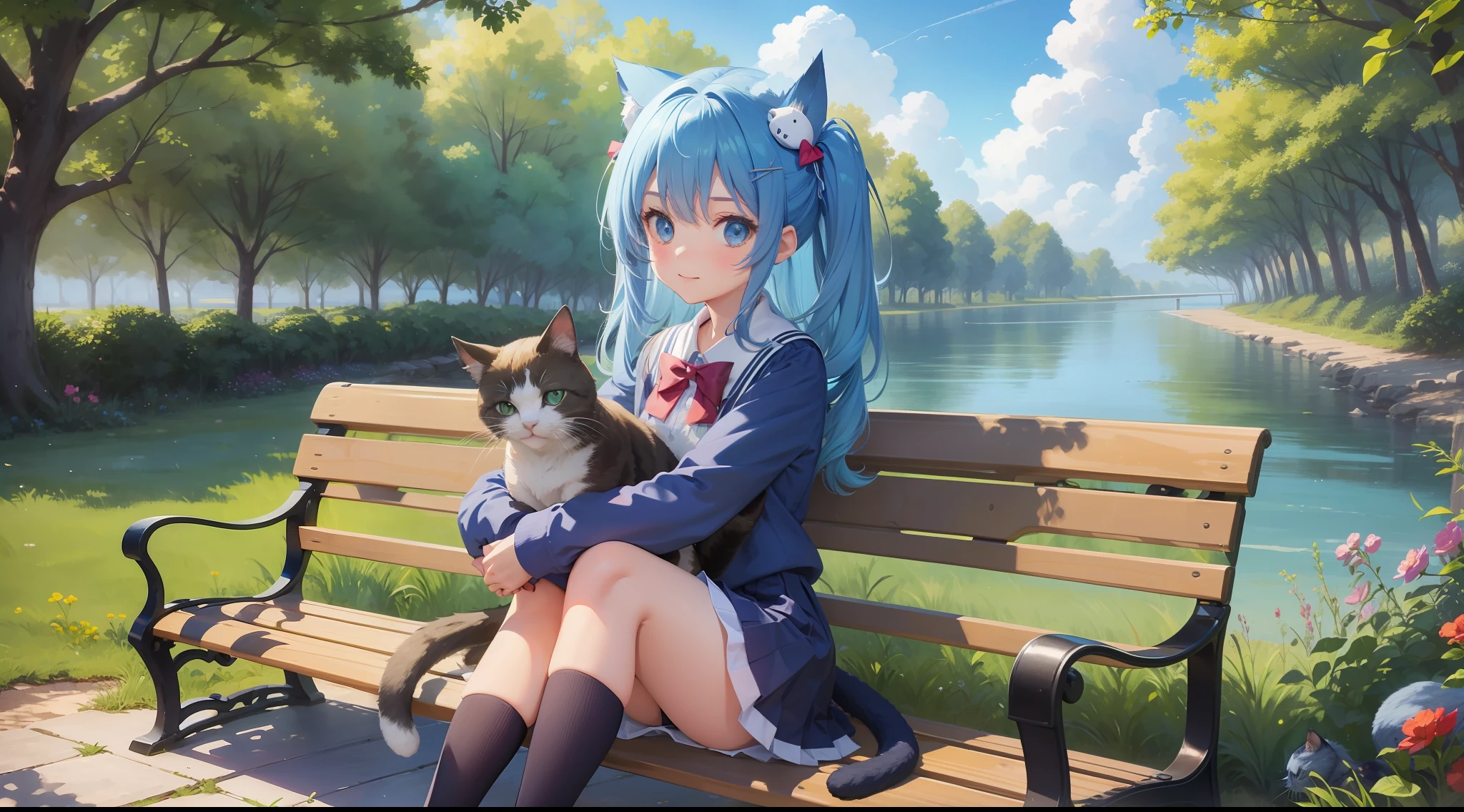 1 girl, cute, ocean eyes, a cat in her head, oversized blue school uniform, sitting in a bench with cats, full body, clear blue morning sky background, perfect body size, hair pins, river, trees, stockings, cute shoes, happy mood