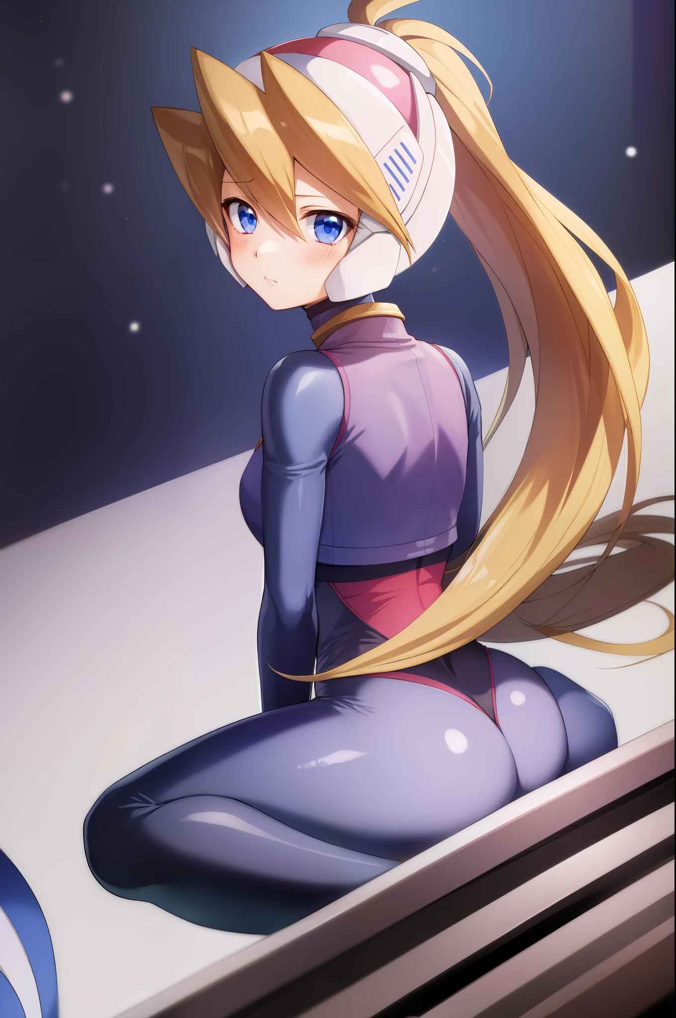 ciel_megamanz, 1girl, solo, long hair, blue eyes, blonde hair, ponytail, bodysuit, blush, headgear, ass focus,