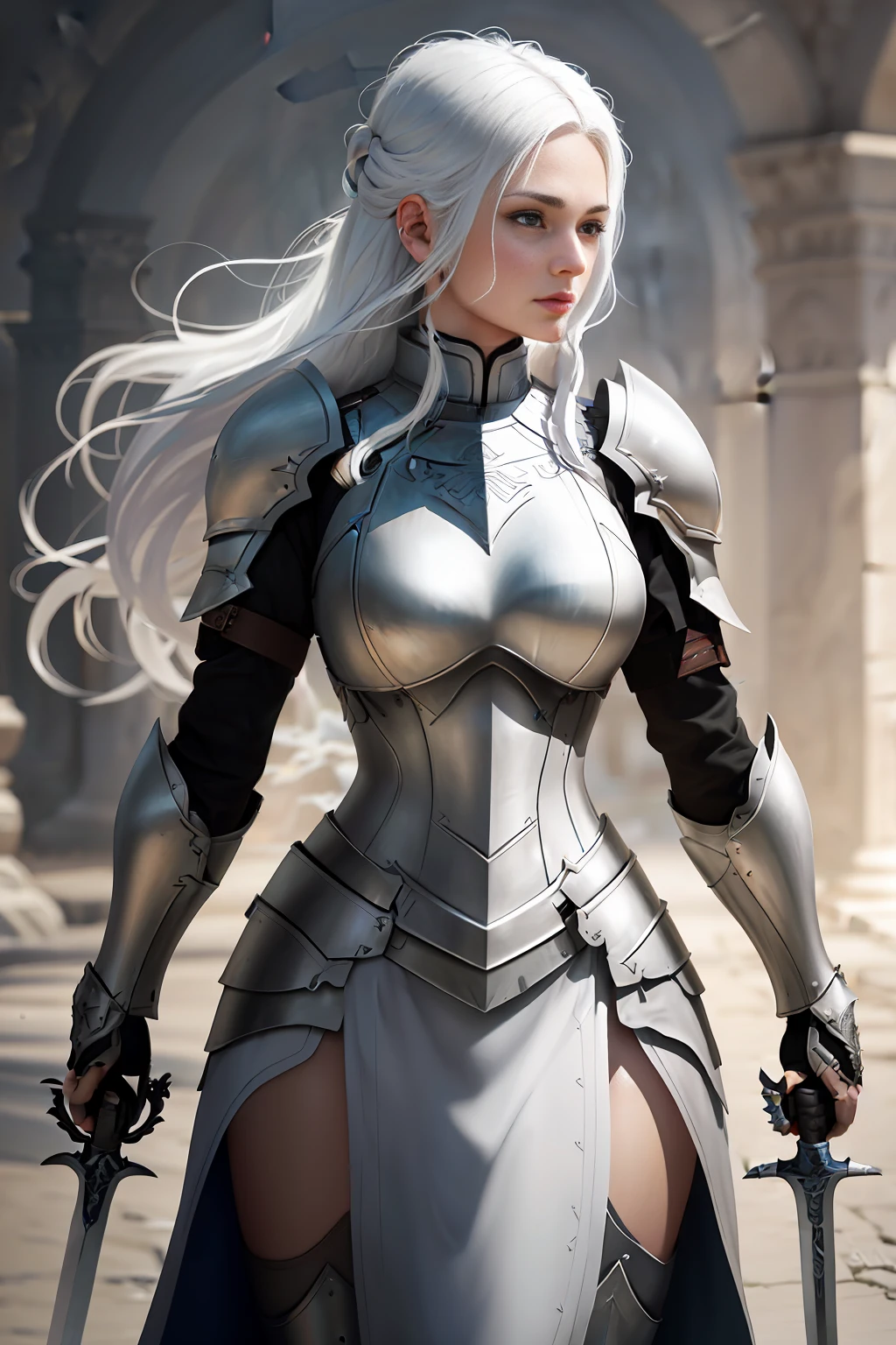 A woman in her 20s, perfect face, white hair, wearing armor, with a sword on her back, ultra realistic 4k, award-winning digital art, (extremely detailed: 1.5), (soft lighting:1.2)