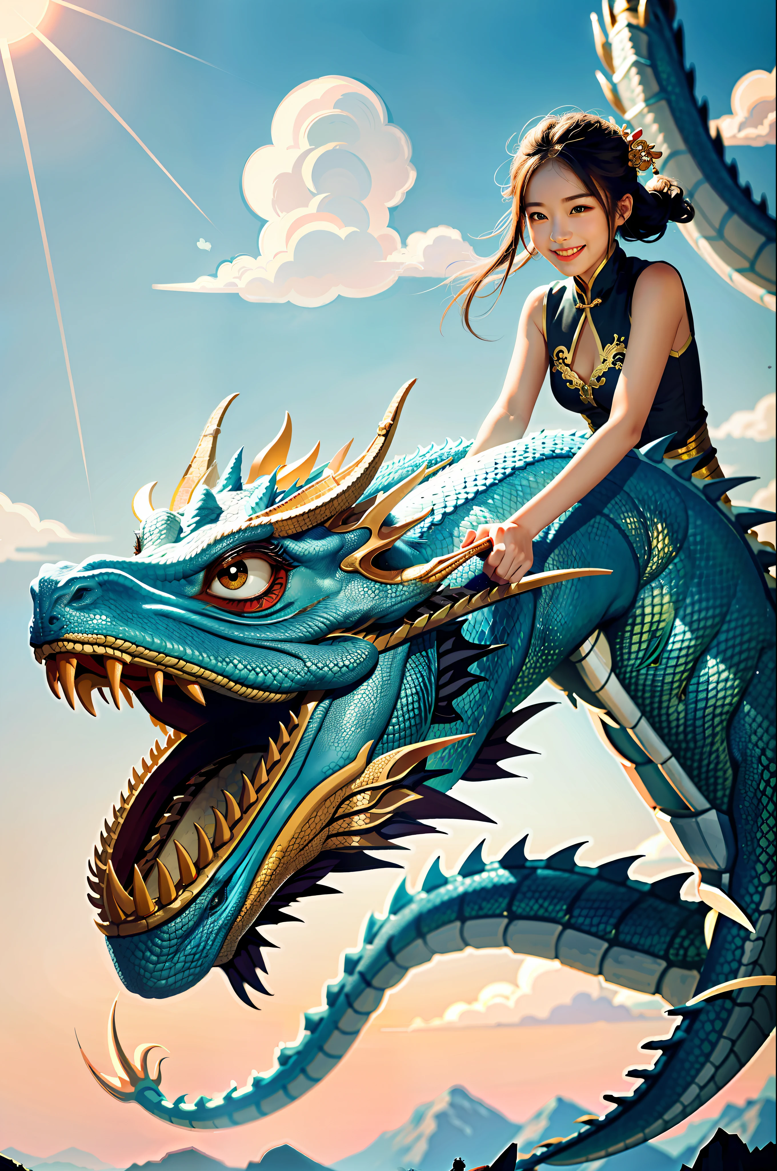 Masterpiece, best quality, a girl makes friends with Chinese dragons, funny, happy, bright, dragon,