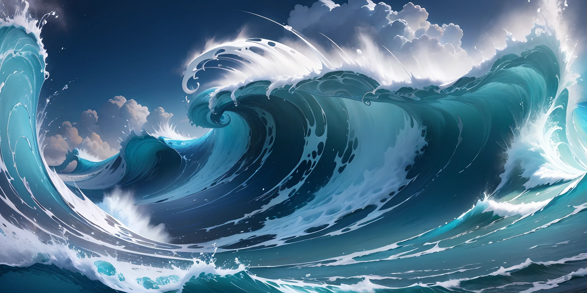 Masterpiece, best quality, official art, extremely detailed CG unified 8k wallpaper, no man, landscape painting, white waves separated to both sides, sea water, white, blue, cyan,