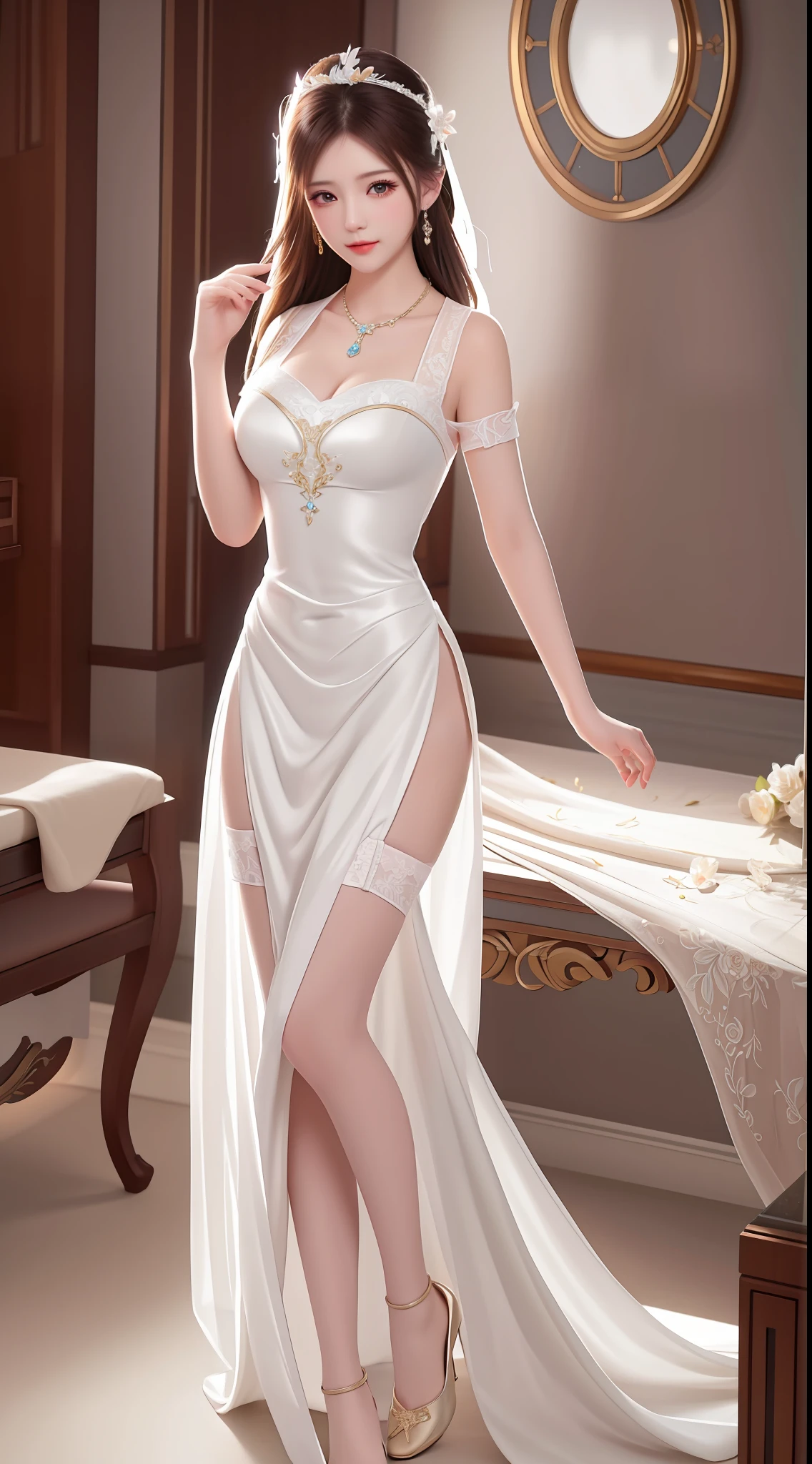 Best Quality, Masterpiece, High Resolution, 1 Girl, Porcelain Dress, Hair Accessories, Necklace, Jewelry, Beautiful Face, Physically, Tyndall Effect, Realistic, Dark Studio, Edge Lighting, Two-tone Lighting, (High Detail Skin: 1.2), 8K UHD, DSLR, Soft Light, High Quality, Volumetric Light, Voy Shot, Photo, High Resolution, 4K, 8K, Background Blur, Full Body View, White Slip Stockings, Long Dress