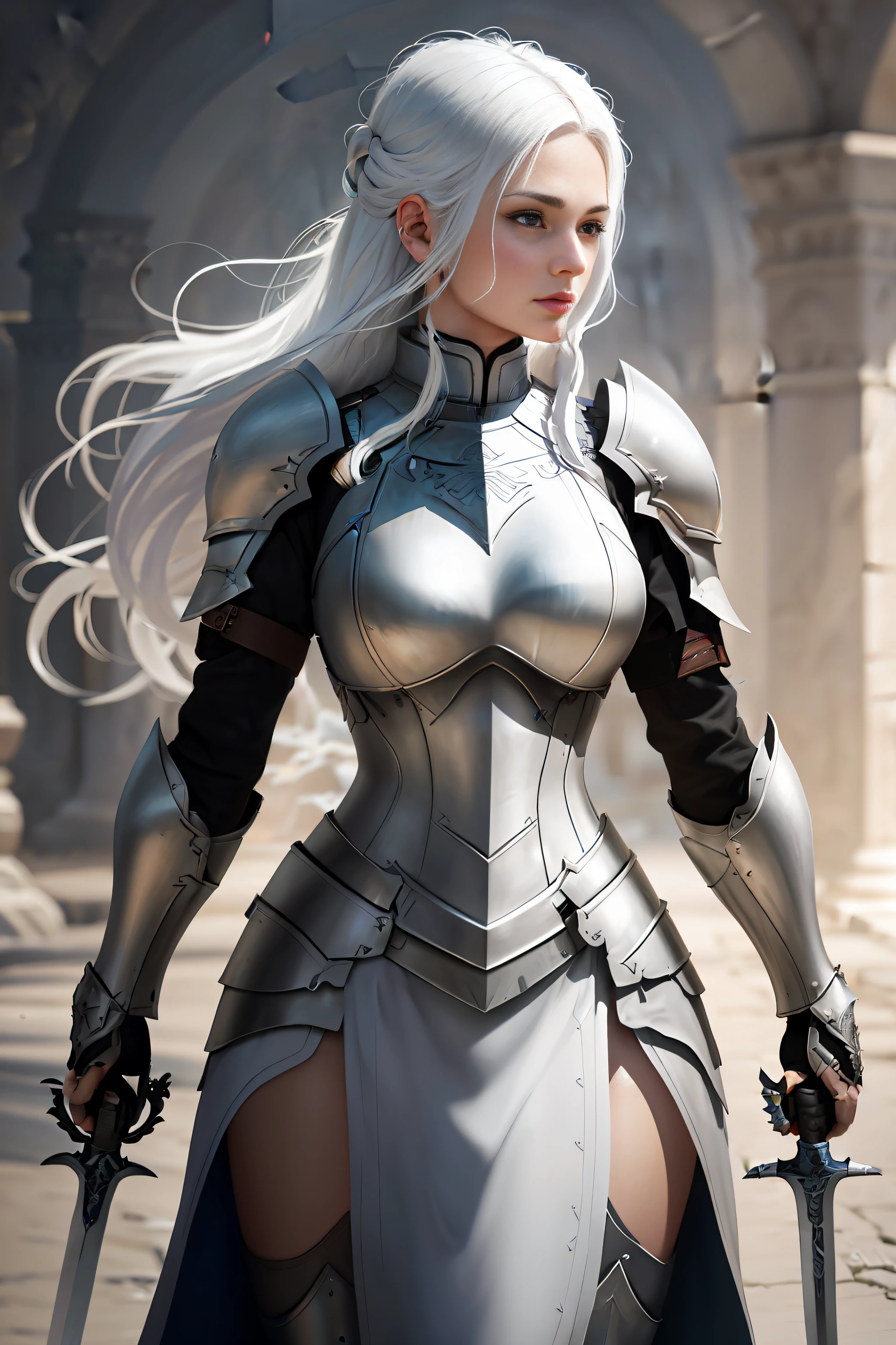 A woman in her 20s, perfect face, white hair, wearing armor, with a sword on her back, ultra realistic 4k, award-winning digital art, (extremely detailed: 1.5), (soft lighting:1.2)