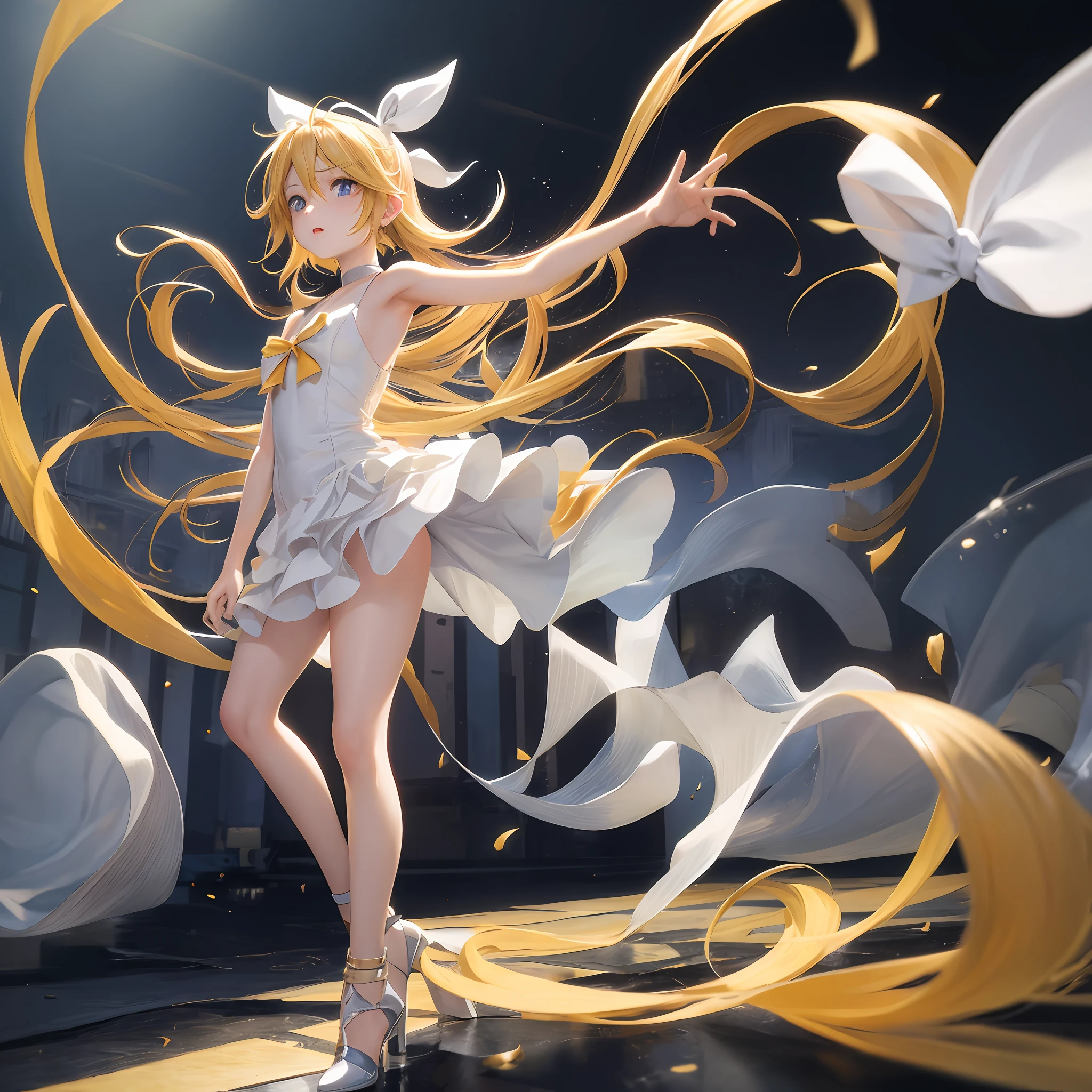Kagamine rin , tight white dress , bare back , golden hair , blue eyes , red lips , long hair fluttering in the wind , black choker , 3D girl , rin , beautiful girl , 1 girl