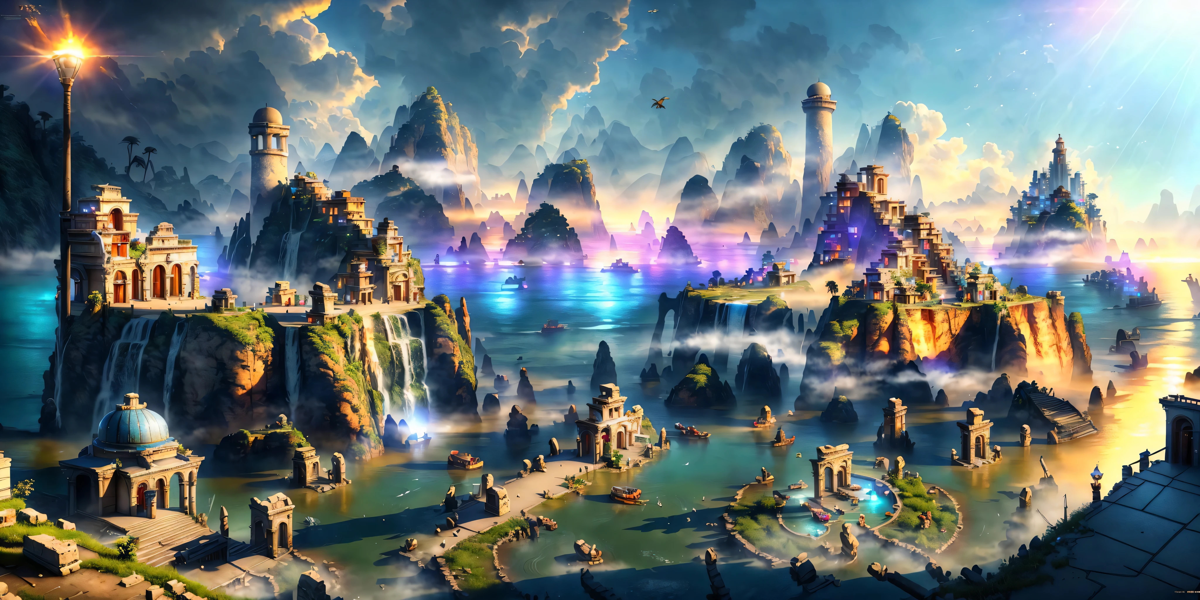 (8k, RAW photo, best quality, masterpiece:1.2), (realistic, photo-realistic:1.37), octane render, ultra high res, ultra-detailed , professional lighting, photon mapping, radiosity, physically-based rendering, ue5, ((ancient fallen kingdom)), ((raytracing)), ((drowned city)), (depth of field), landscape, wide angle, sunny day, soft light, fog, sparks, eagles on background,