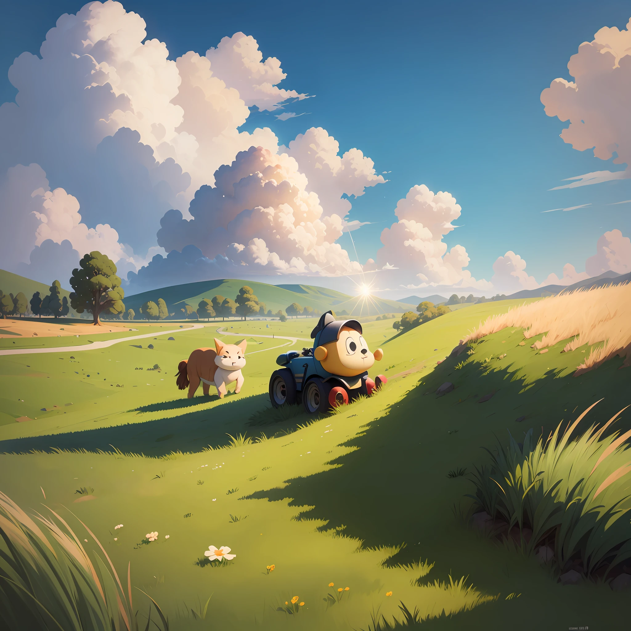 illustration cartoon style, cartoon, sunny day, few clouds, natural lighting, grass, sky, low vegetation, landscape, high resolution. --auto --s2